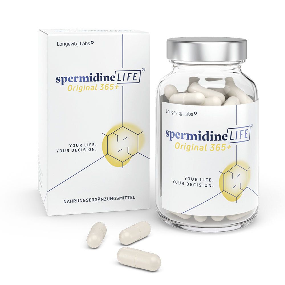 Nahrungsergänzungsmittel in einer Schachtel und einem Glas. Aufschrift: spermidineLIFE Original 365+. Kapseln liegen daneben.