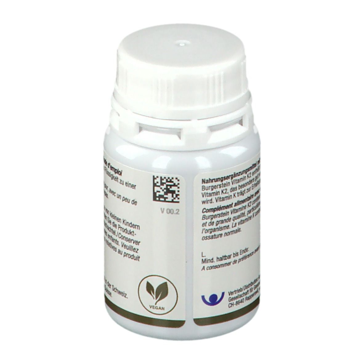 Weiße Flasche mit Schraubverschluss. Text: Nahrungsergänzungsmittel, Vegan-Siegel, QR-Code.