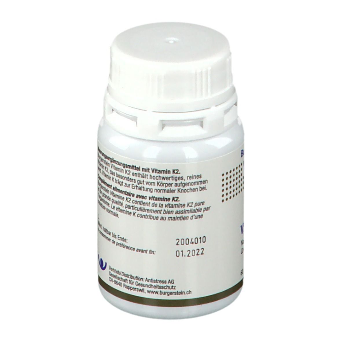 Weiße Flasche mit Schraubverschluss. Text: Nahrungsergänzungsmittel mit Vitamin K2, Mind. haltbar bis 01.2022.