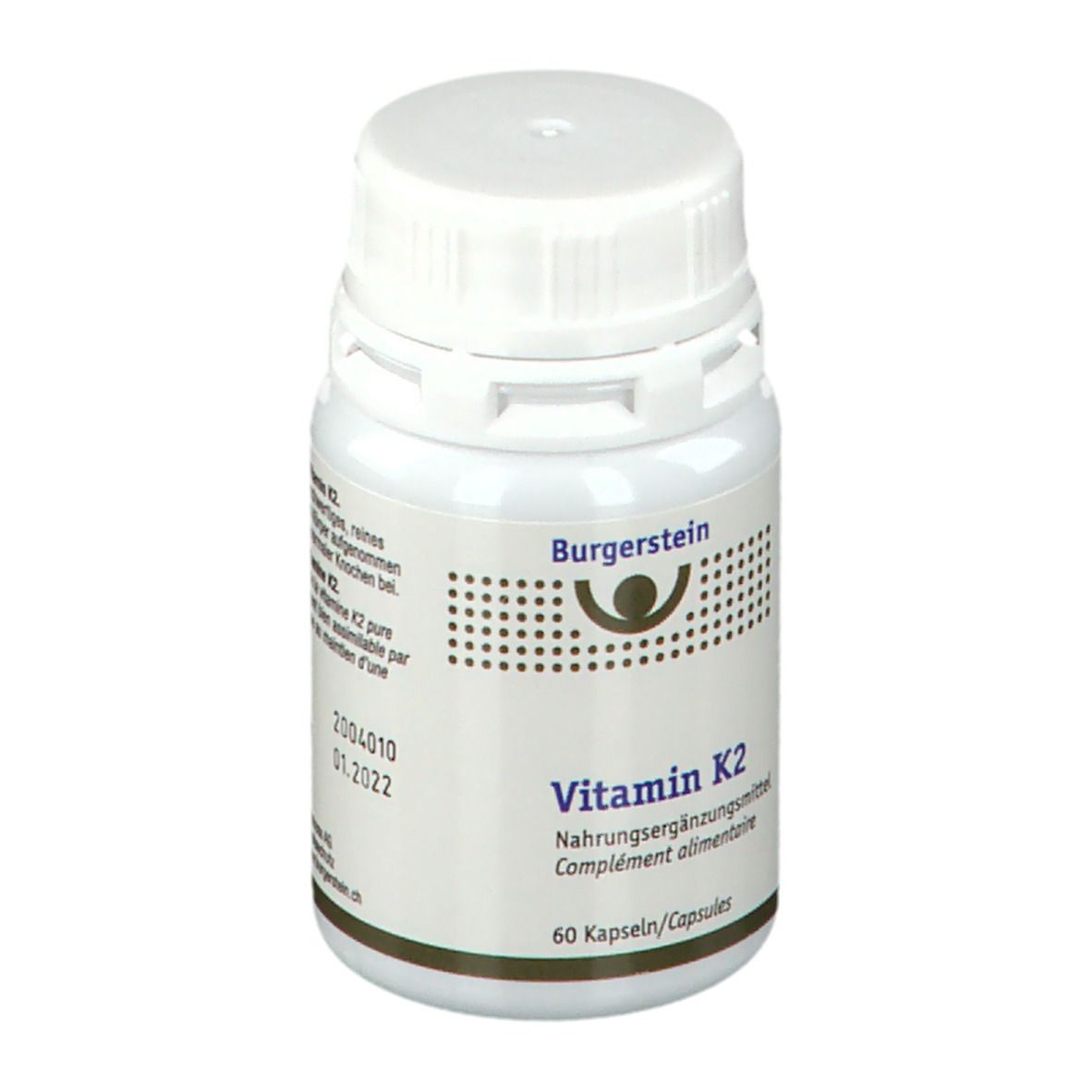 Weiße Flasche mit Schraubverschluss. Aufschrift Burgerstein Vitamin K2, Nahrungsergänzungsmittel. 60 Kapseln.