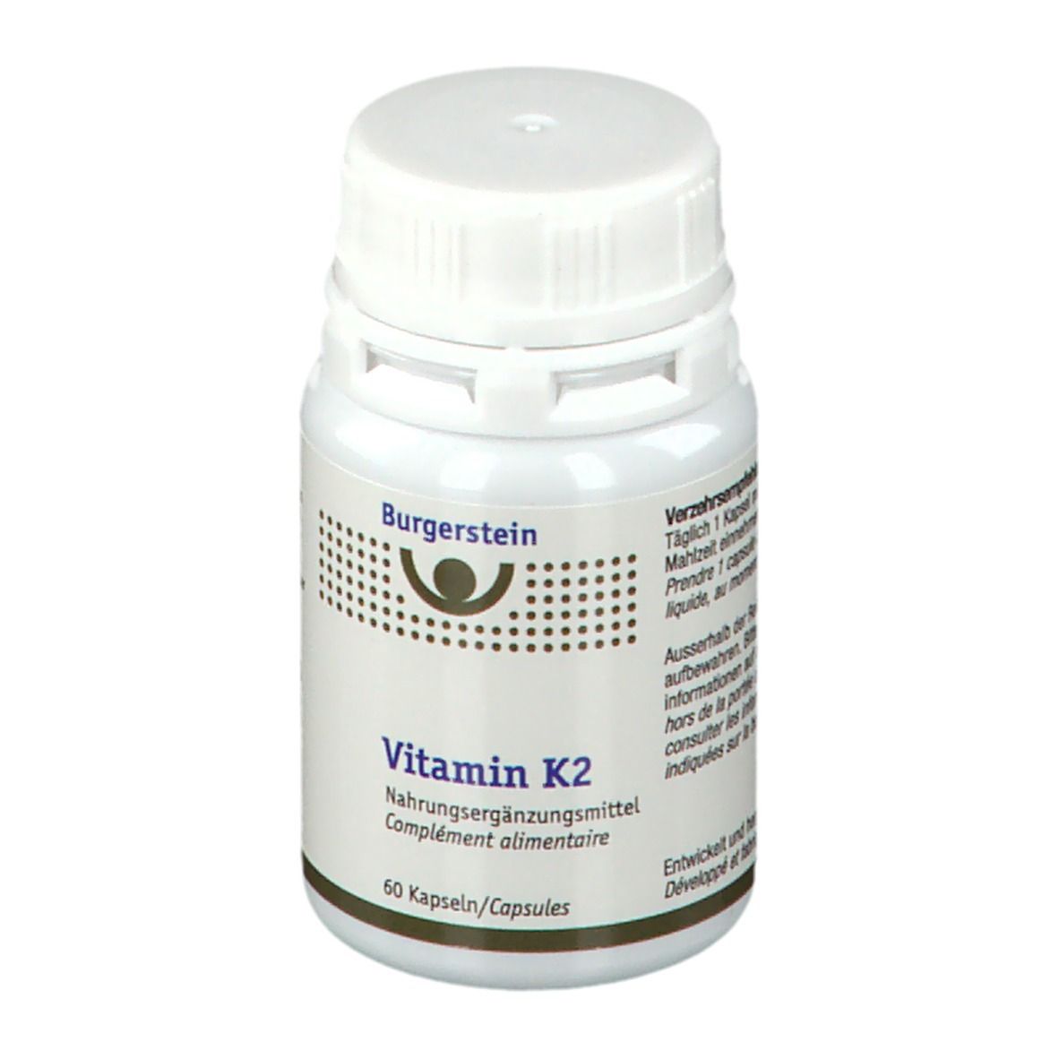 Weiße Flasche mit Schraubverschluss. Aufschrift Burgerstein Vitamin K2, Nahrungsergänzungsmittel. 60 Kapseln.
