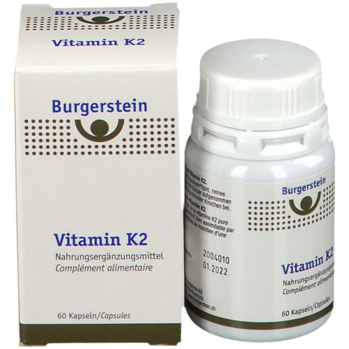 Weiße Flasche und Schachtel. Aufschrift Burgerstein Vitamin K2, Nahrungsergänzungsmittel. 60 Kapseln.