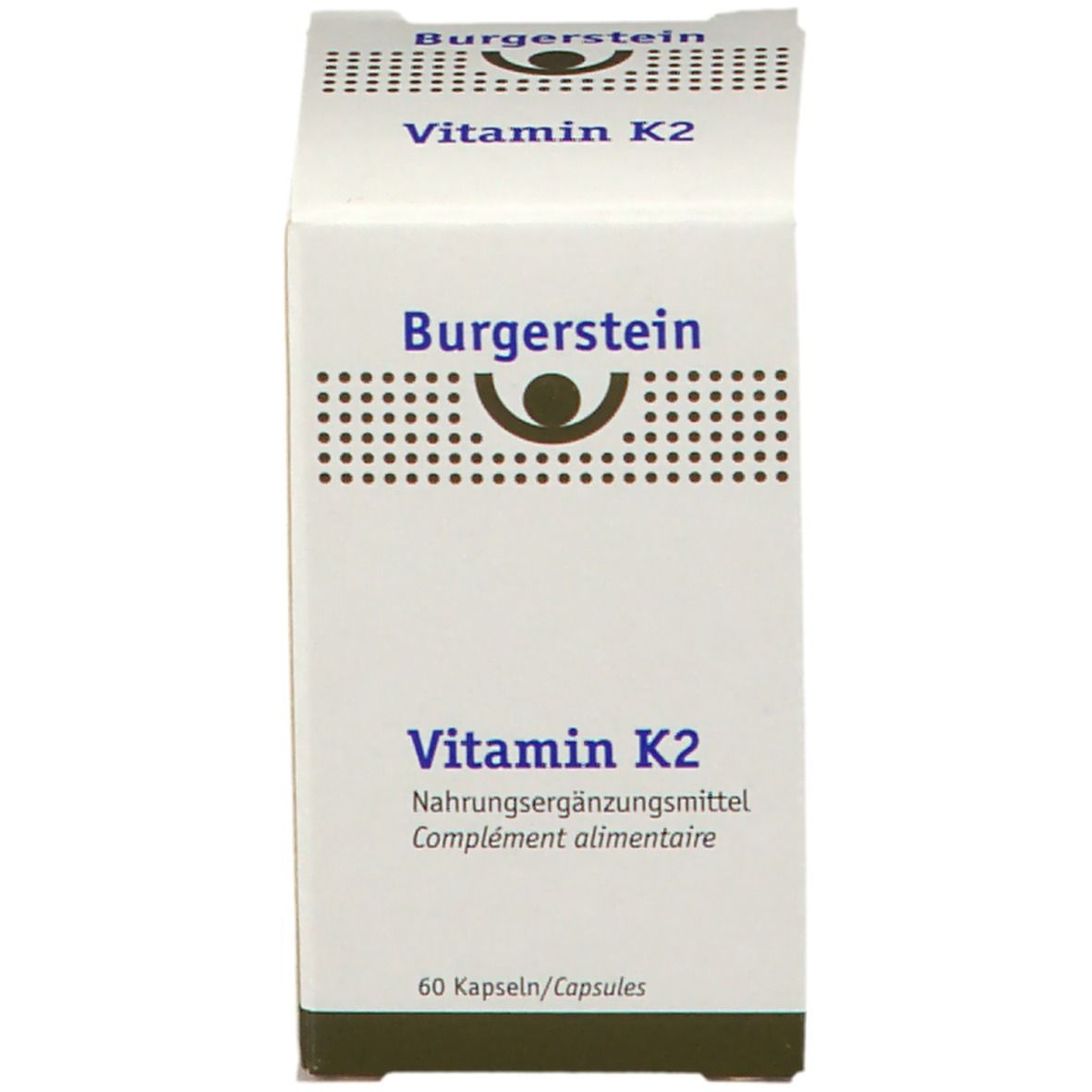 Weiße Schachtel. Aufschrift Burgerstein Vitamin K2, Nahrungsergänzungsmittel. 60 Kapseln.