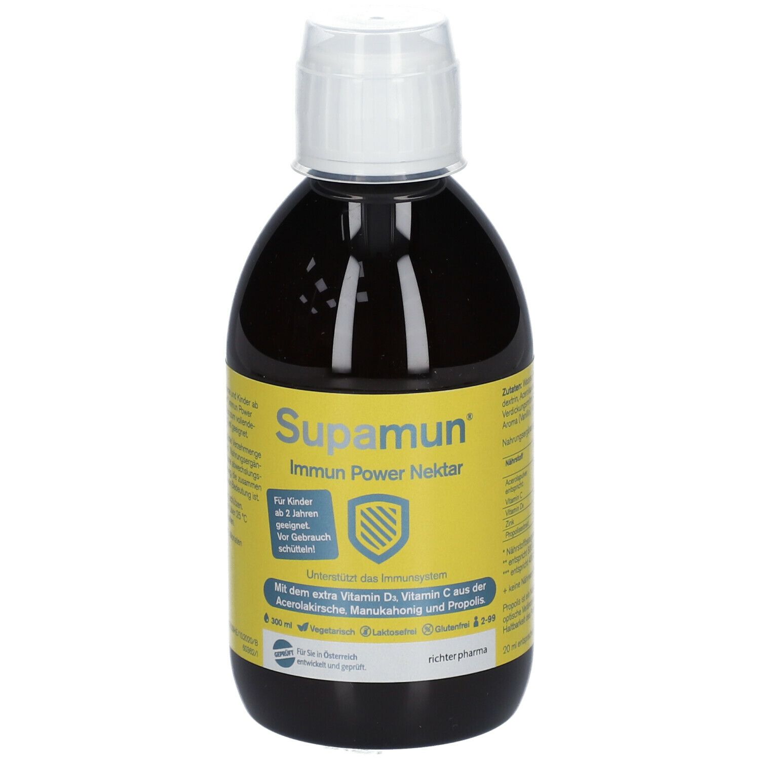 Braune Flüssigkeit in einer Flasche mit gelbem Etikett. Aufschrift: Supamun Immun Power Nektar. Mit Vitamin D, C, Manuka Honig und Propolis.
