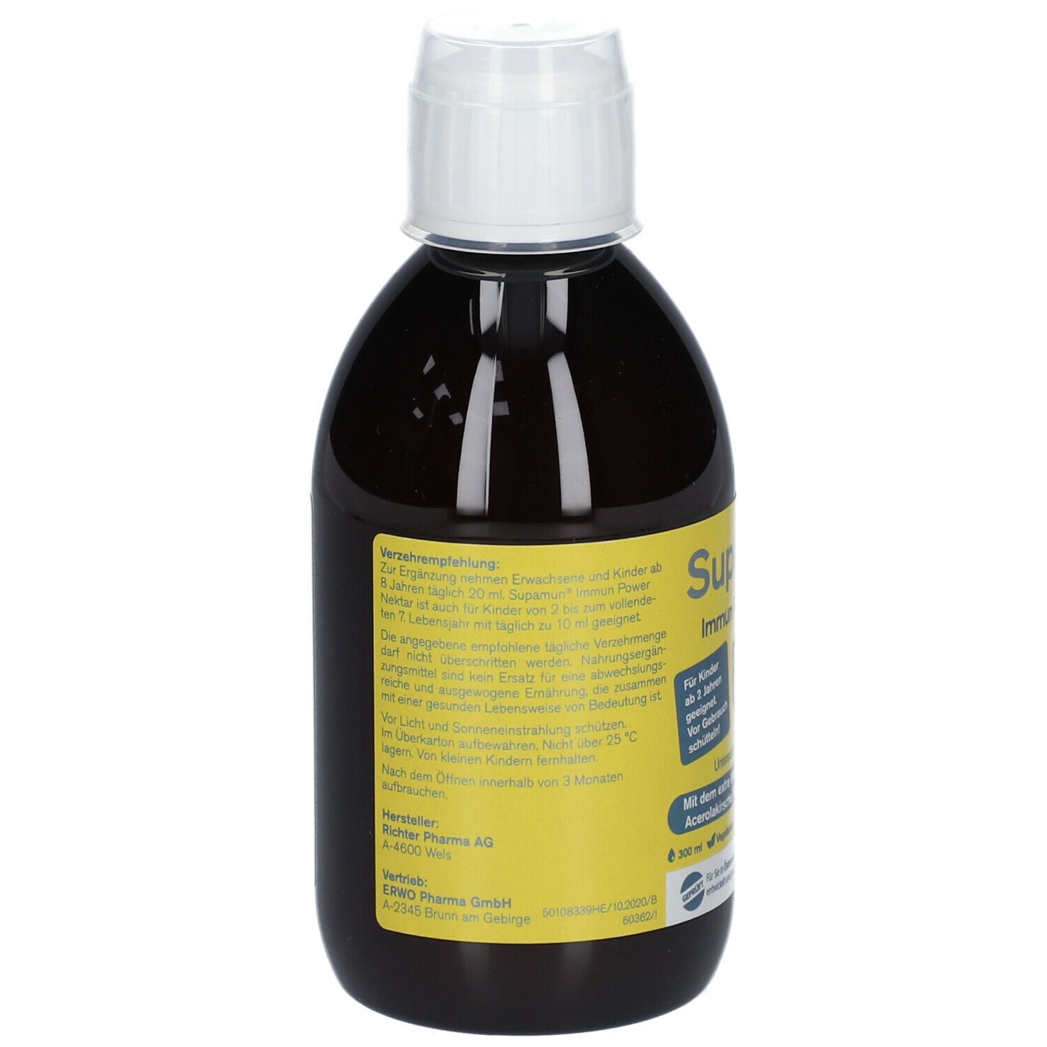 Rückseite einer Flasche mit gelbem Etikett. Text: Dosierung, Inhaltsstoffe, Hersteller. Flasche mit brauner Flüssigkeit und weißem Verschluss.