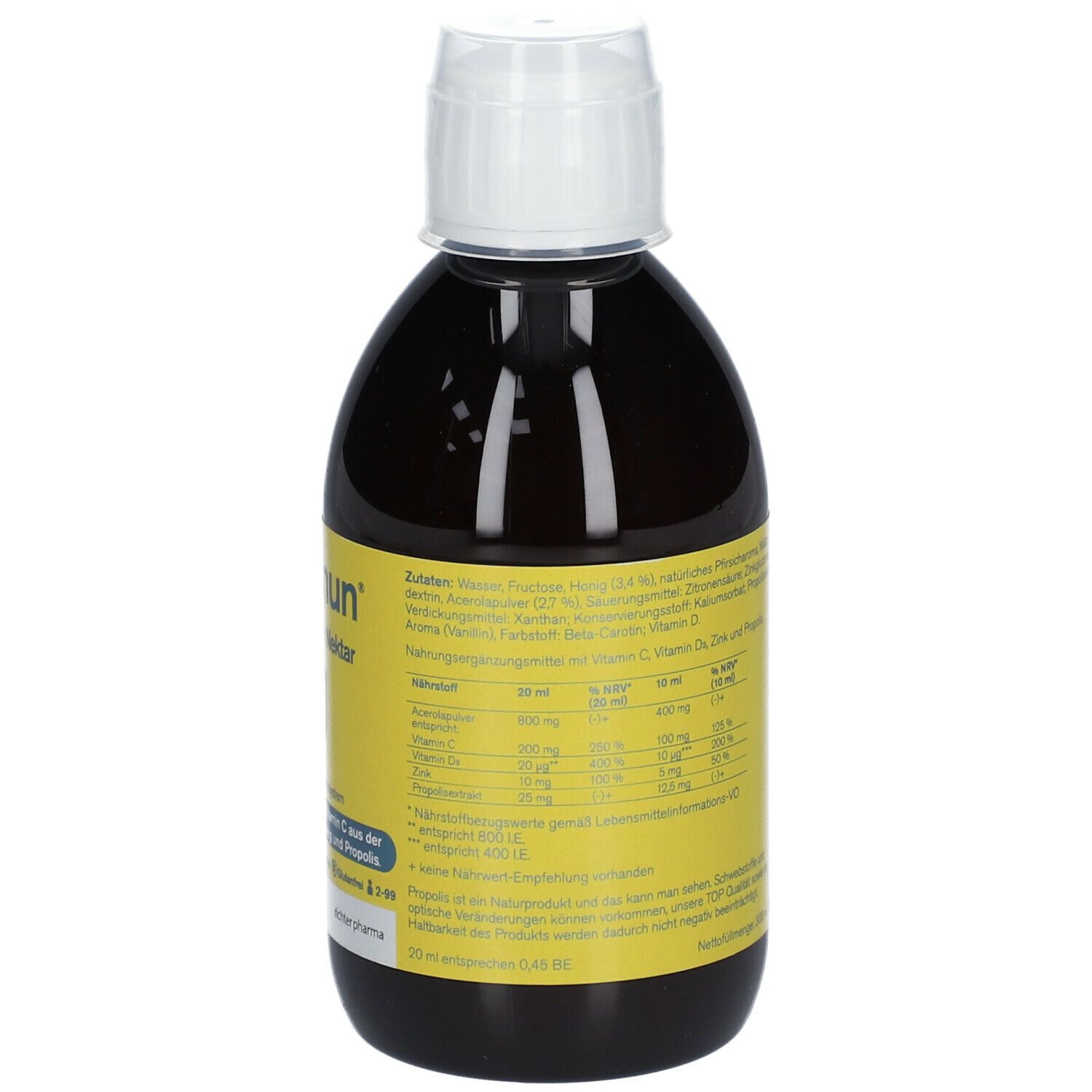 Rückseite einer Flasche mit gelbem Etikett. Text: Inhaltsstoffe, Nährwertangaben. Flasche mit brauner Flüssigkeit und weißem Verschluss.