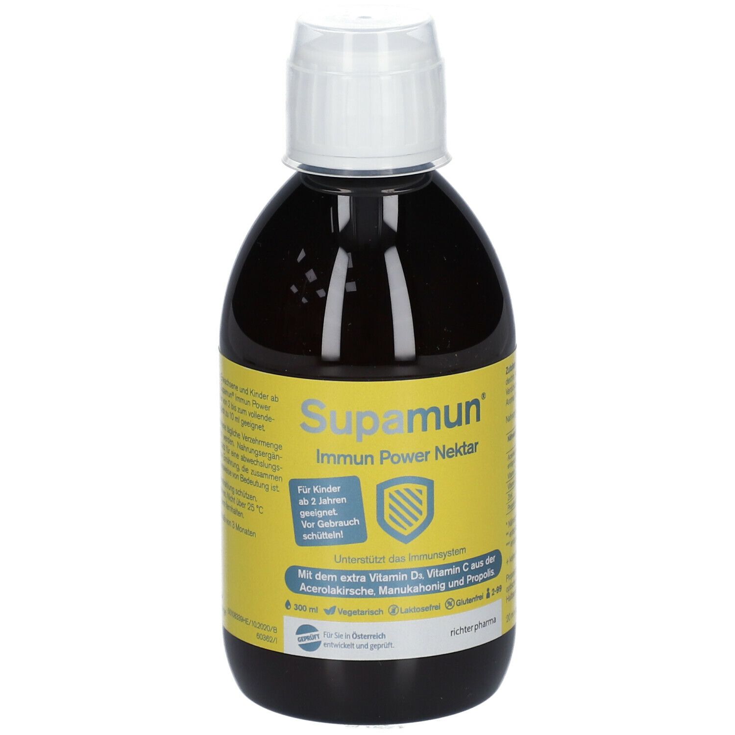 Flasche mit brauner Flüssigkeit und gelbem Etikett. Aufschrift: Supamun Immun Power Nektar. Mit Vitamin D, C, Manuka Honig und Propolis.