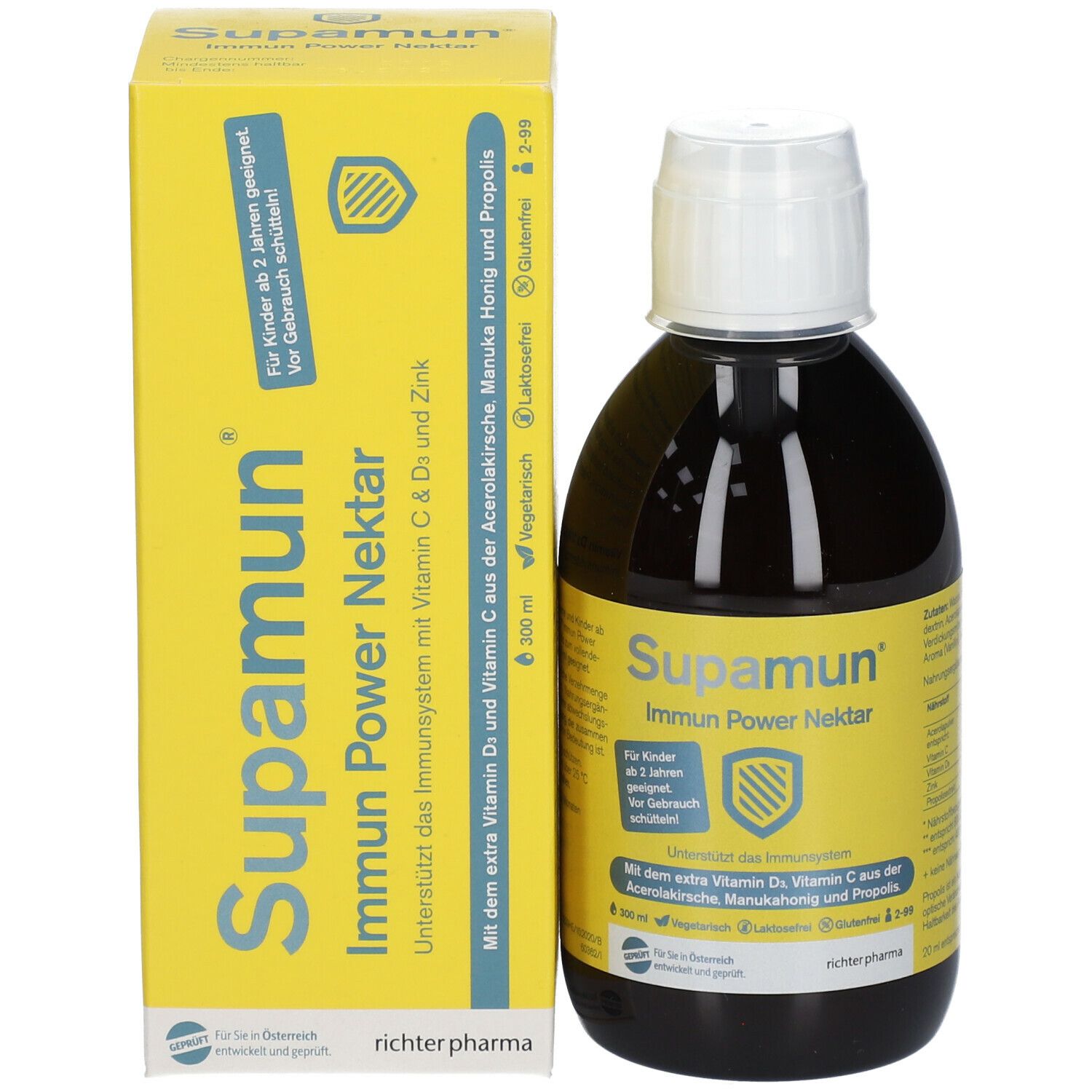 Flasche und Schachtel. Aufschrift: Supamun Immun Power Nektar. Mit Vitamin C & D und Zink. Gelbes Design.