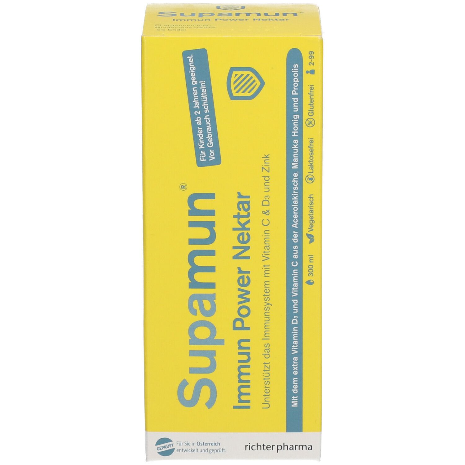 Gelbe Schachtel mit Aufschrift: Supamun Immun Power Nektar. Mit Vitamin C & D und Zink. Enthält 300 ml.