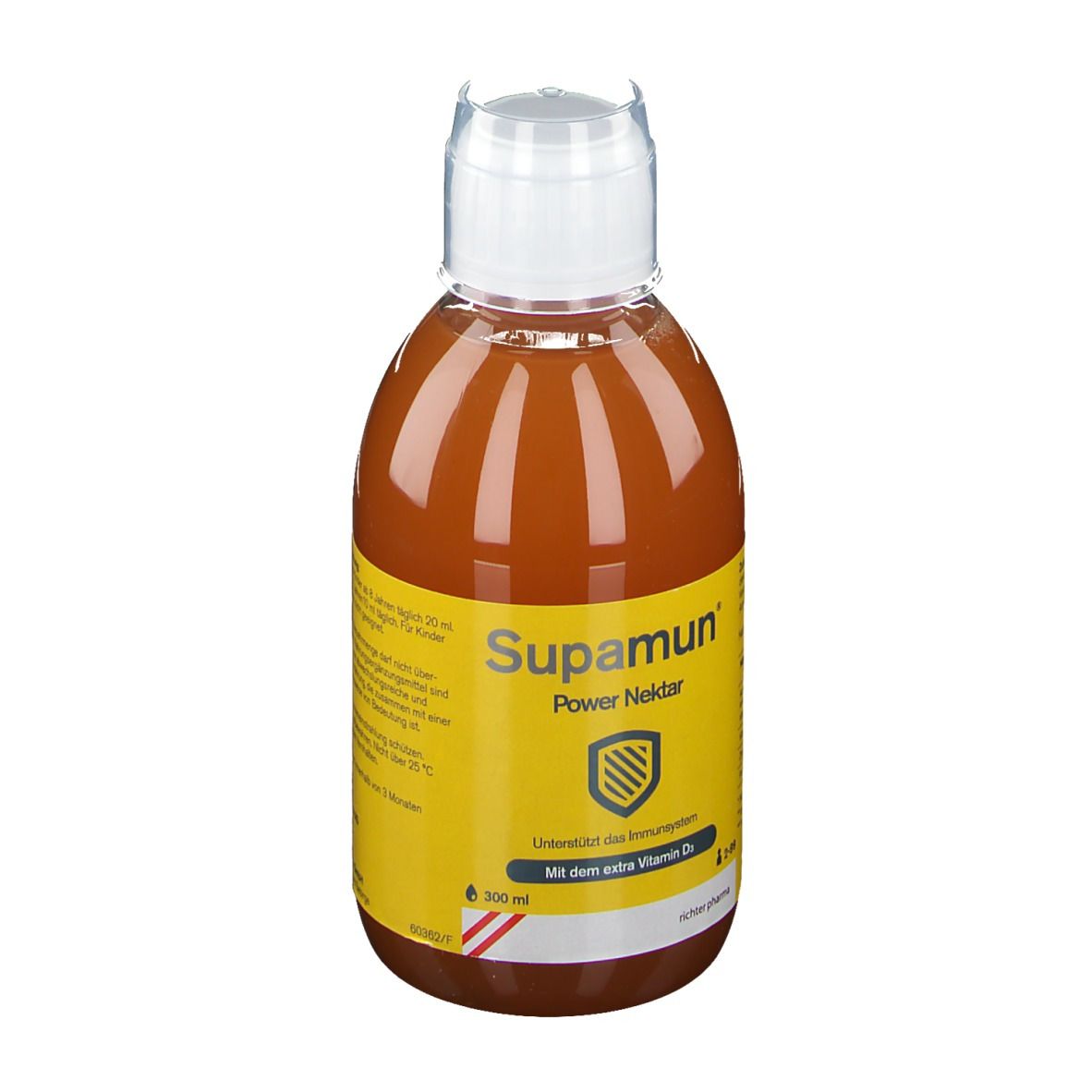 Flasche mit brauner Flüssigkeit und gelbem Etikett. Aufschrift: Supamun Power Nektar. Mit Vitamin D. Weißer Verschluss.