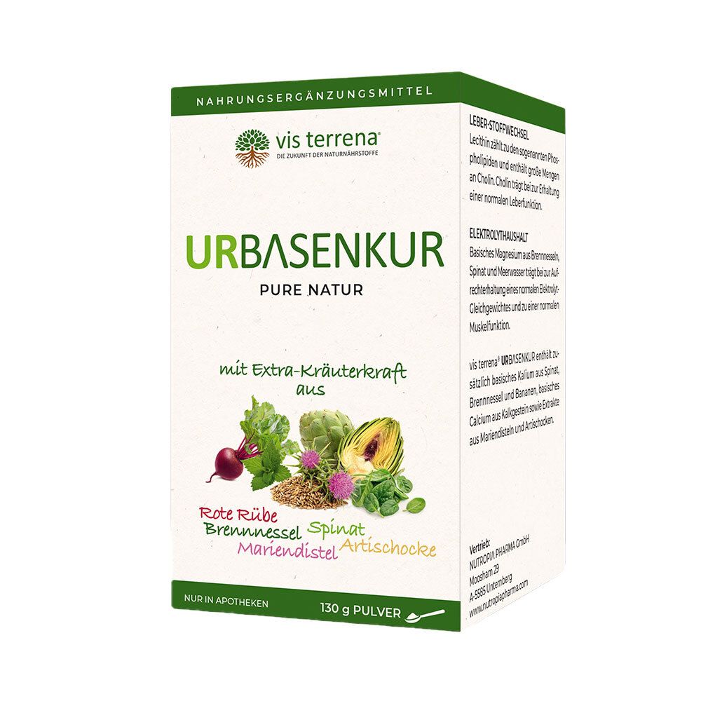 Weißer Karton mit "vis terrena® Urbasenkur". Kräuterabbildungen. Text: "130 g Pulver".