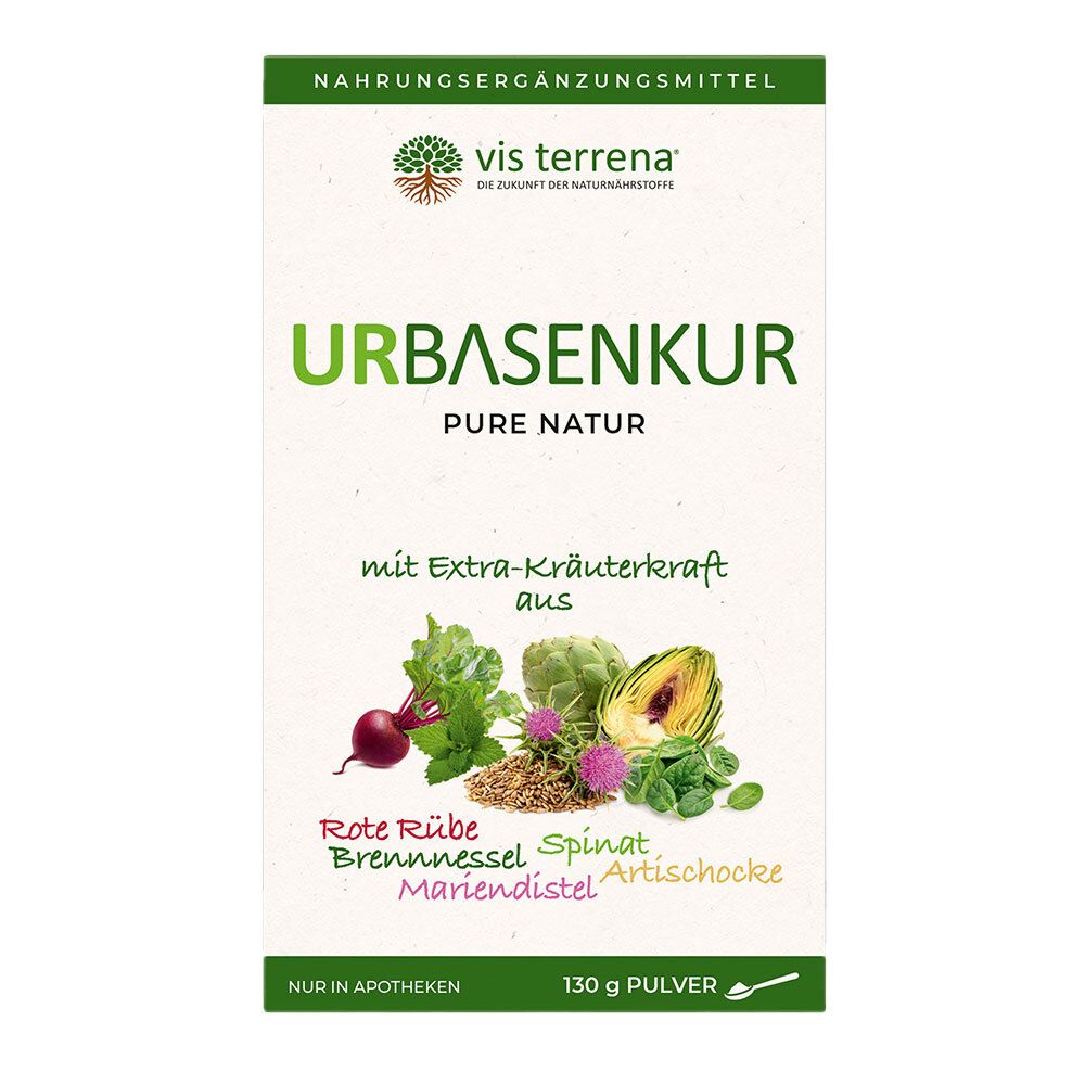 Weißer Karton mit "vis terrena® Urbasenkur". Kräuterabbildungen. Text: "130 g Pulver".