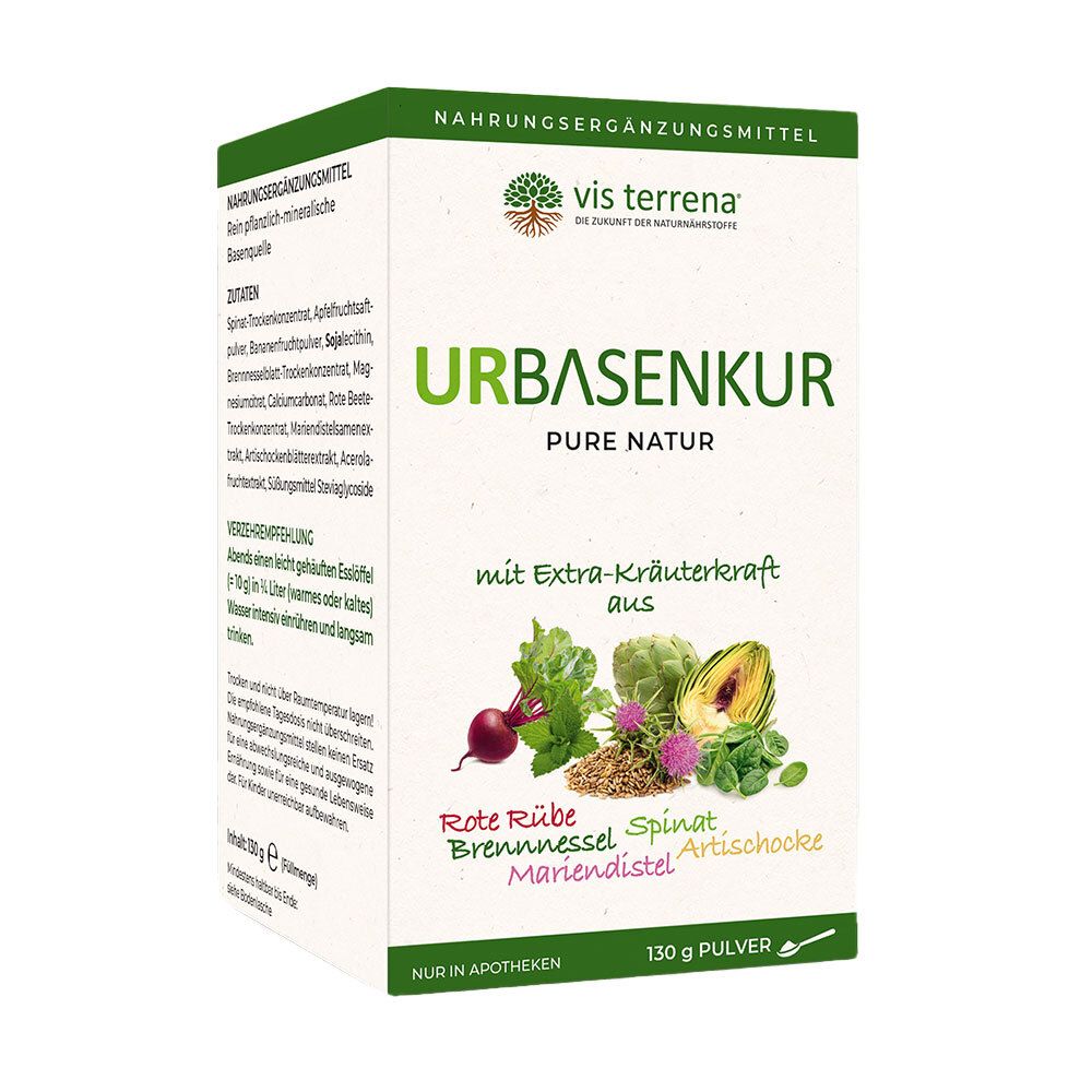 Weißer Karton mit "vis terrena® Urbasenkur". Kräuterabbildungen. Text: "130 g Pulver".
