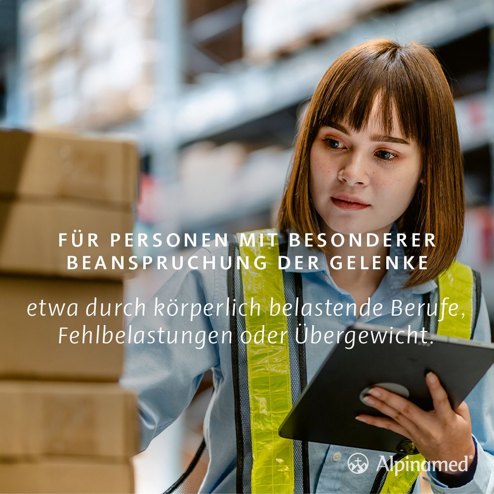 Frau in Lagerhalle. Text: Für Personen mit besonderer Beanspruchung der Gelenke.