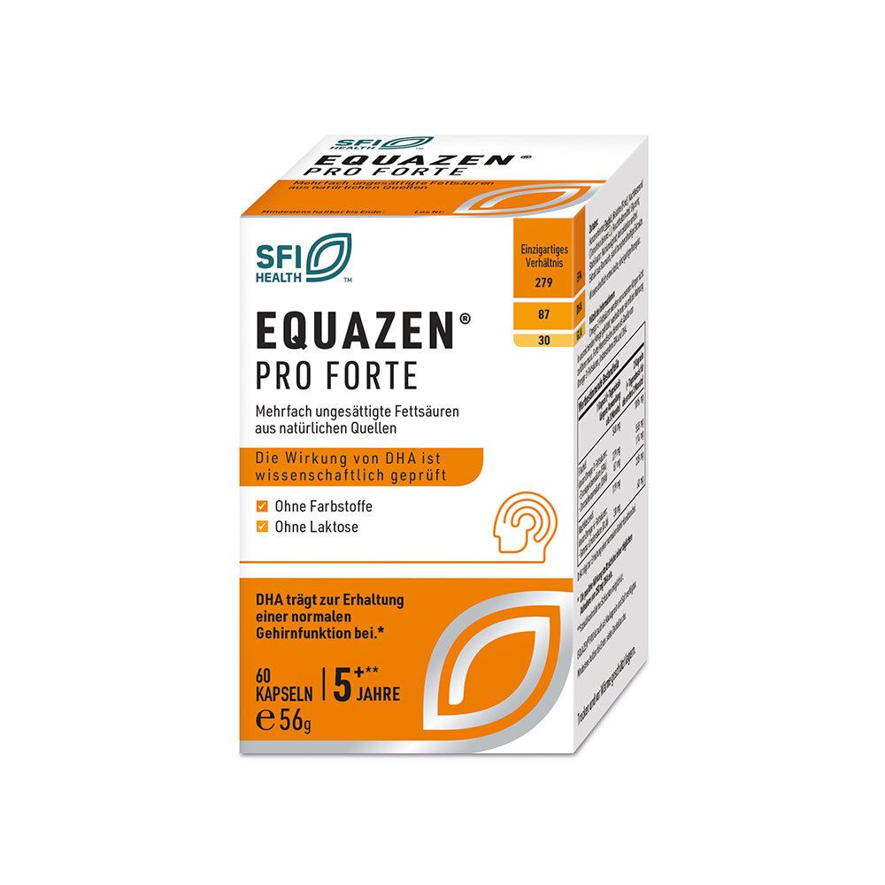 EQUAZEN® PRO Forte-Verpackung. Weiße Schachtel mit Produktinformationen und Logo. Enthält 60 Kapseln. Orangefarbene und blaue Elemente.