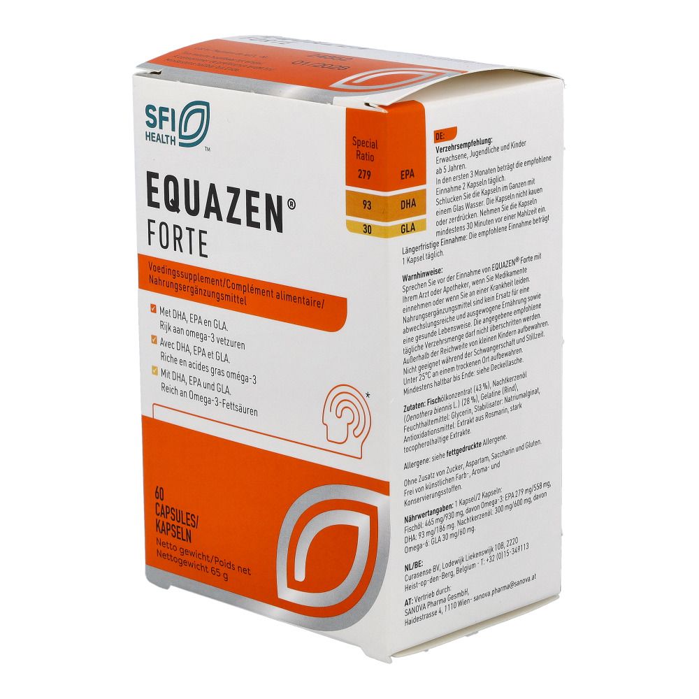 EQUAZEN® FORTE-Verpackung. Enthält DHA und EPA. Nahrungsergänzungsmittel. Rückseite mit Text.