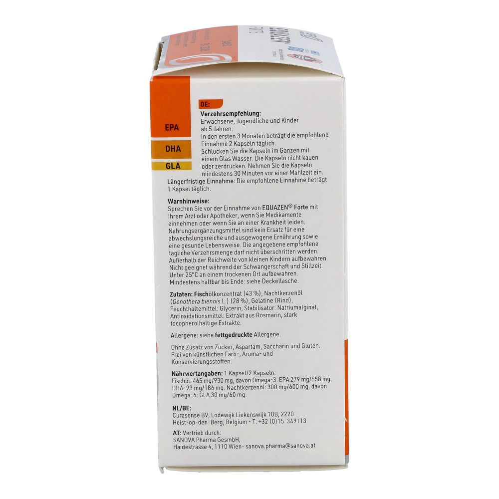 Rückseite der EQUAZEN® FORTE-Verpackung. Text über Dosierung, Inhaltsstoffe und Warnhinweise.