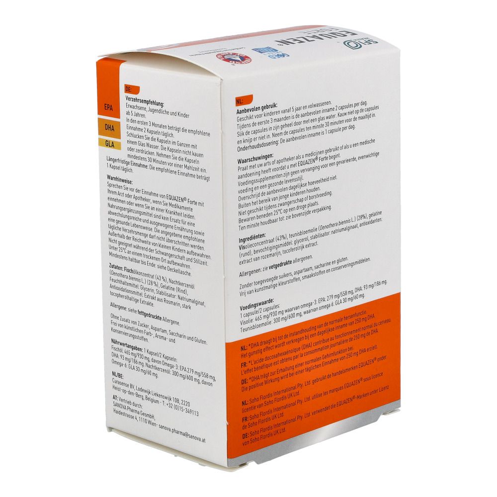 Seitenansicht der EQUAZEN® FORTE-Verpackung. Text über Dosierung, Inhaltsstoffe und Warnhinweise.
