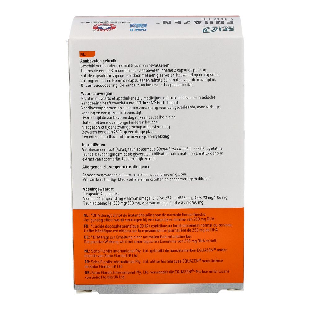 Seitenansicht der EQUAZEN® FORTE-Verpackung. Text über Dosierung, Inhaltsstoffe und Warnhinweise.