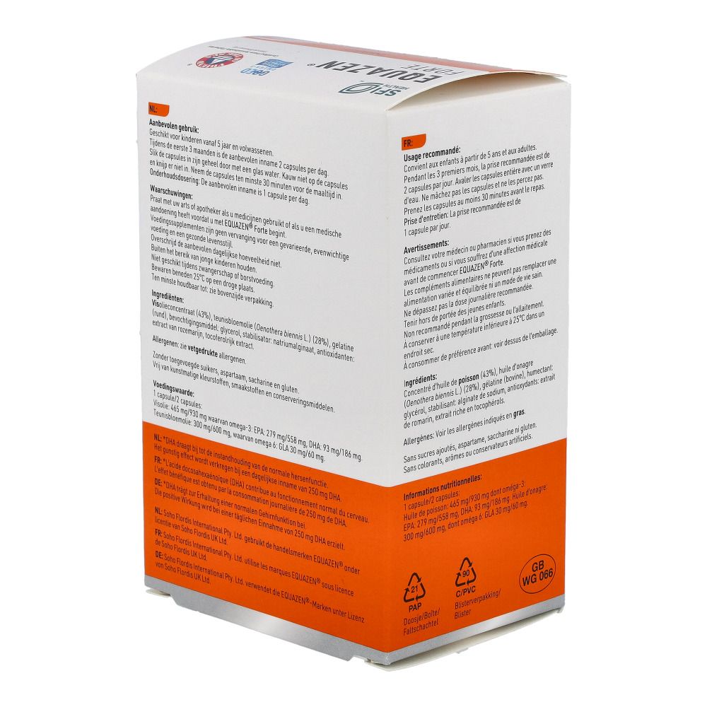 Seitenansicht der EQUAZEN® FORTE-Verpackung. Text über Dosierung, Inhaltsstoffe und Warnhinweise.