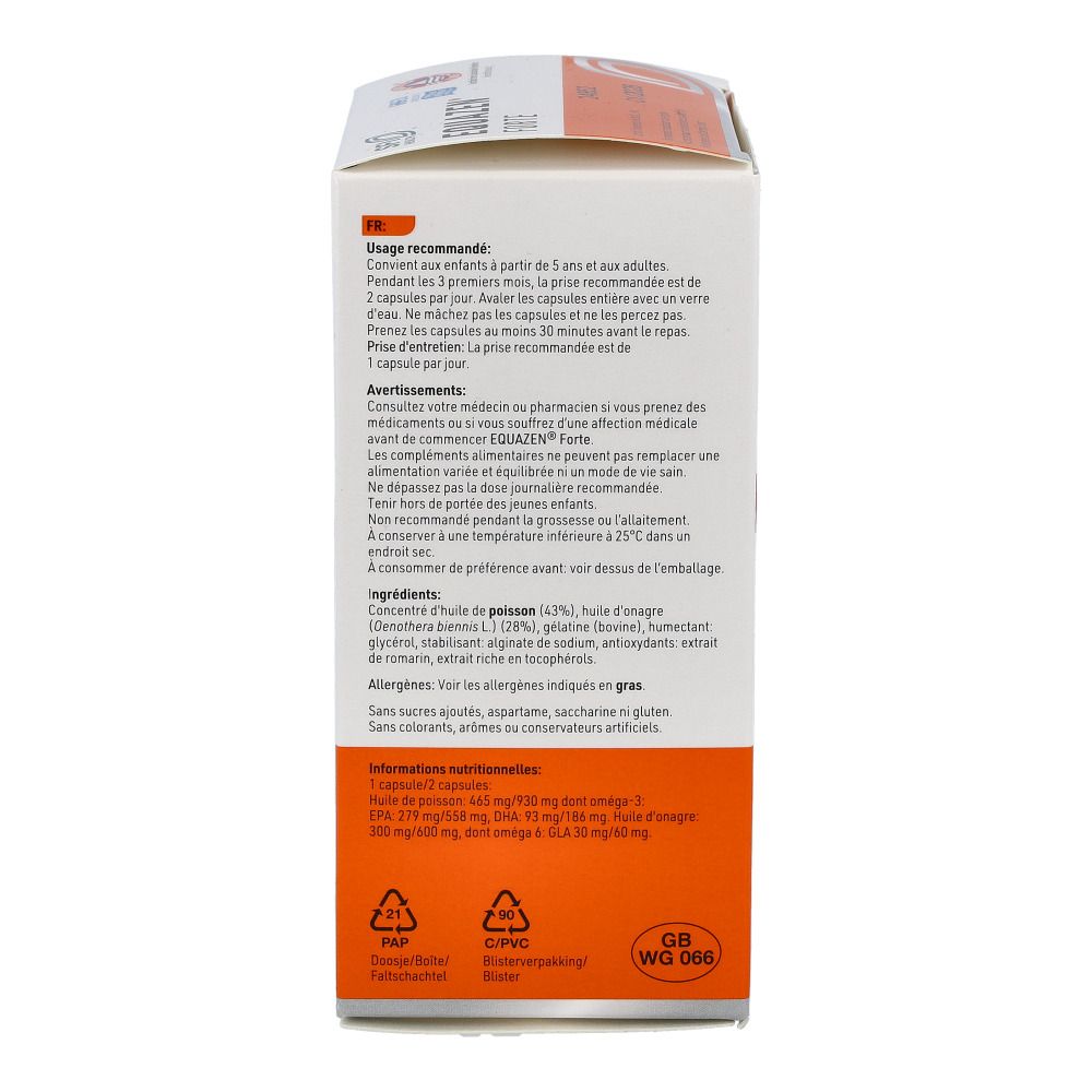 Seitenansicht der EQUAZEN® FORTE-Verpackung. Text über Dosierung, Inhaltsstoffe und Warnhinweise.