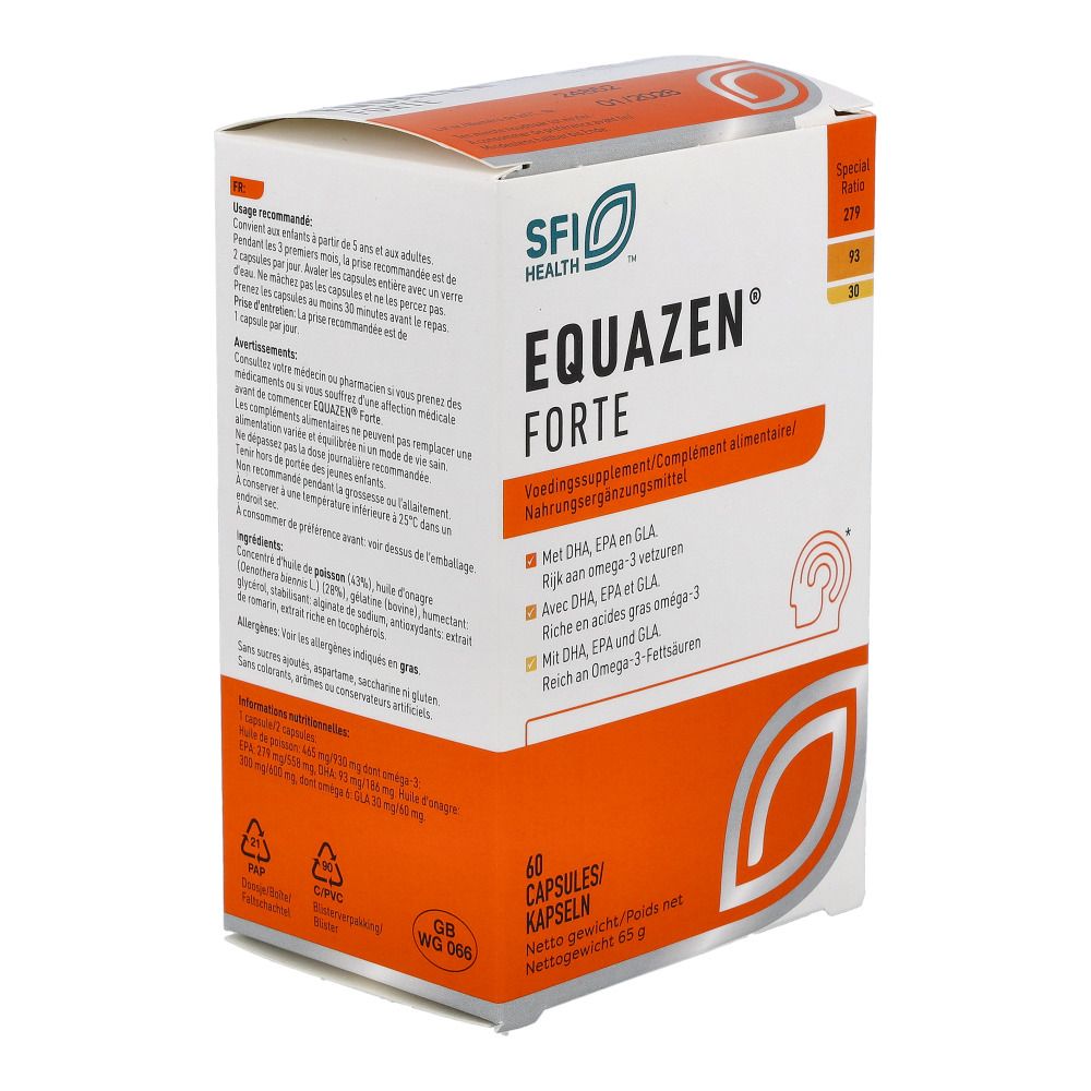 EQUAZEN® FORTE-Verpackung. 60 Kapseln. Enthält DHA und EPA. Nahrungsergänzungsmittel.