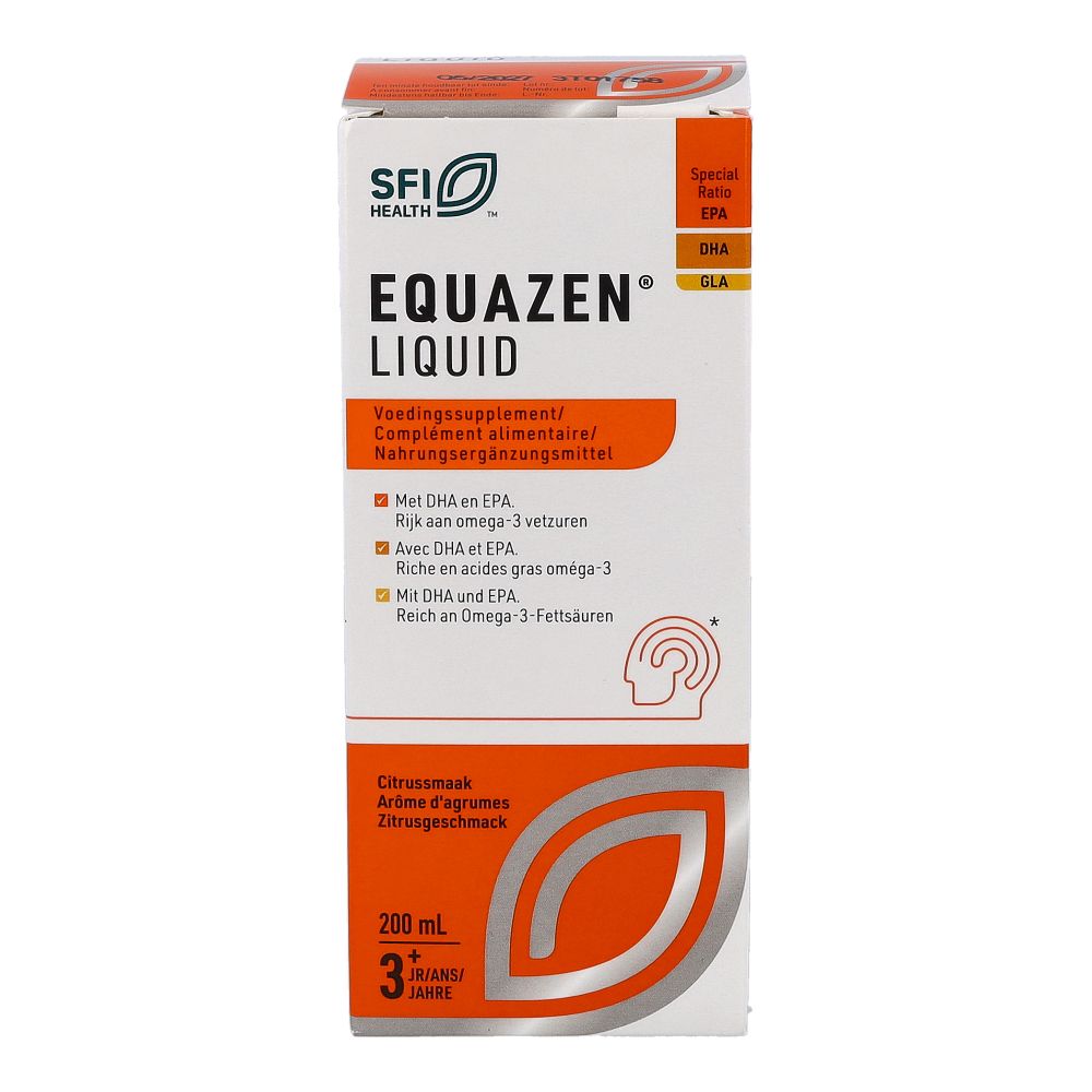 EQUAZEN® Liquid Zitrus, 200ml. Nahrungsergänzungsmittel. Verpackung mit Produktinformationen und Logo.