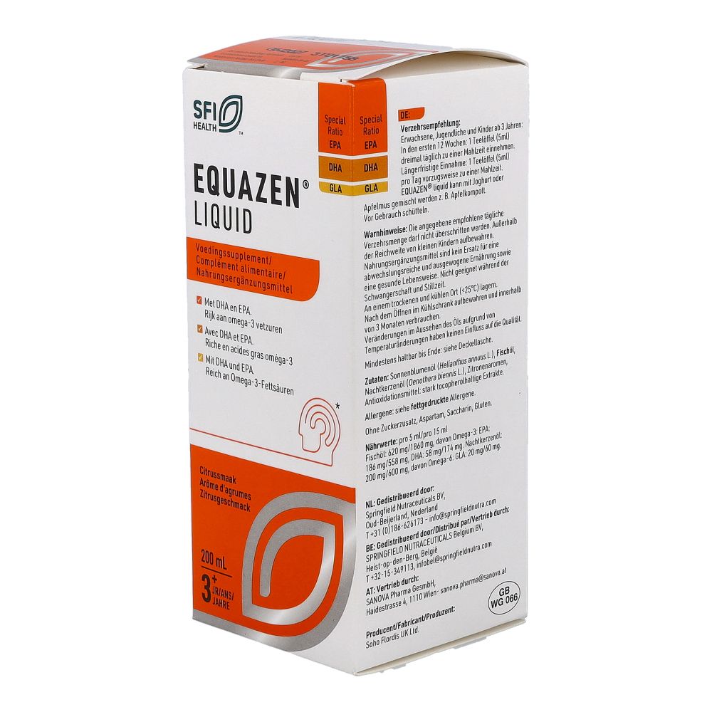 EQUAZEN® Liquid Zitrus, 200ml. Verpackung mit Produktinformationen, Inhaltsstoffen und Dosierung.