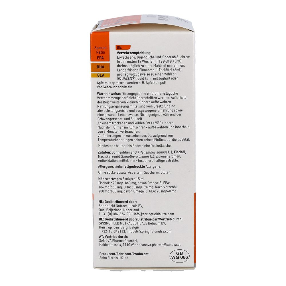 EQUAZEN® Liquid Zitrus, 200ml. Verpackung mit Produktinformationen, Dosierung und Warnhinweisen.