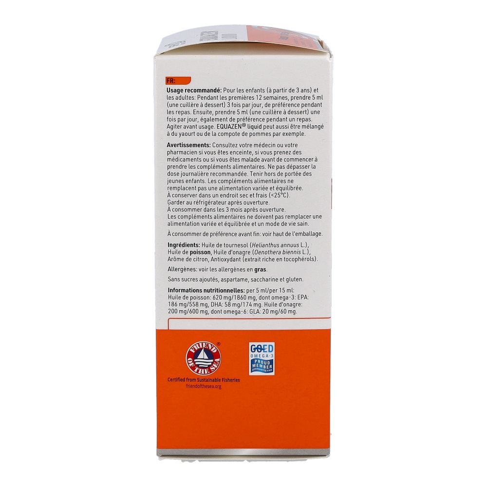 EQUAZEN® Liquid Zitrus, 200ml. Verpackung mit Produktinformationen, Dosierung und Warnhinweisen.