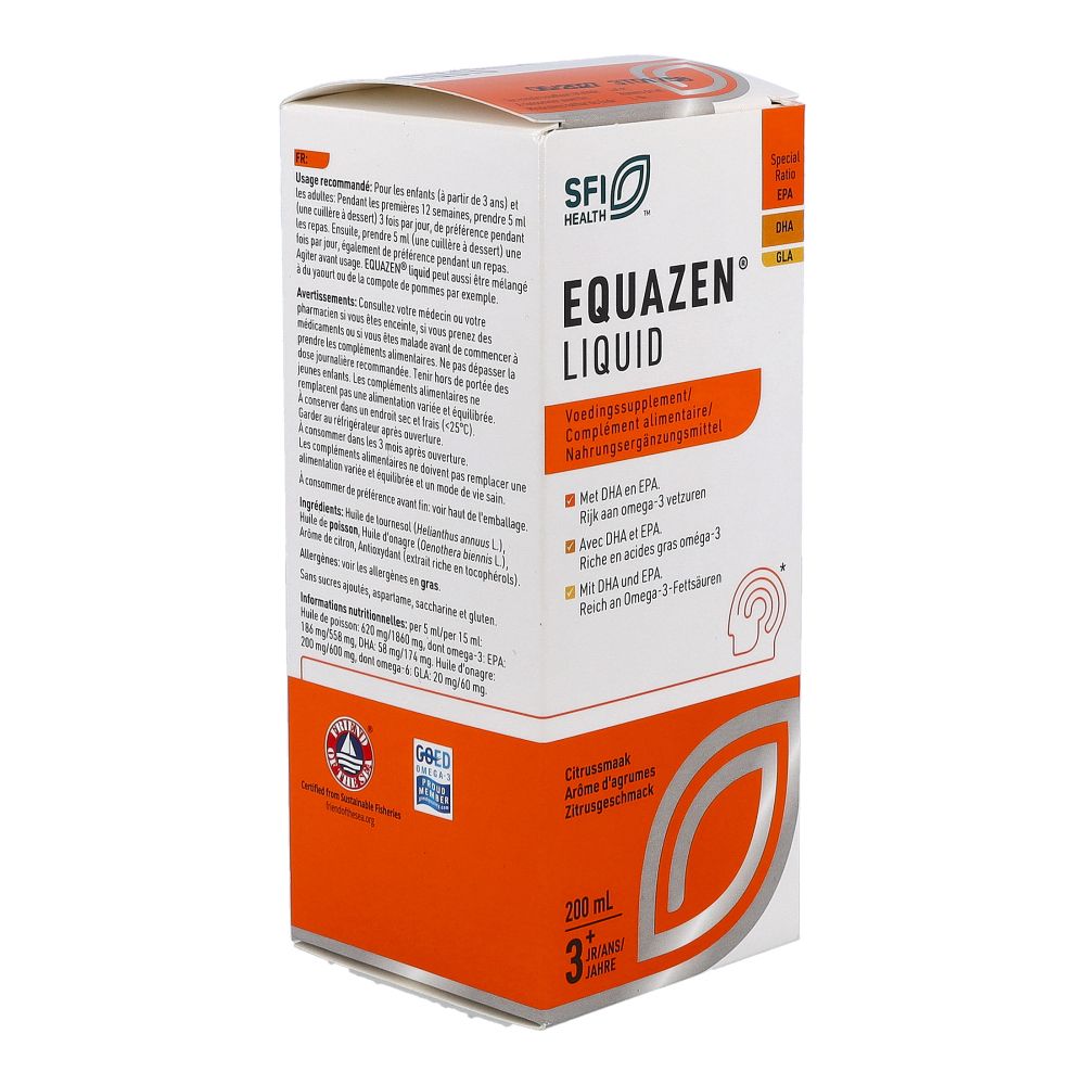 EQUAZEN® Liquid Zitrus, 200ml. Verpackung mit Produktinformationen, Dosierung und Warnhinweisen.