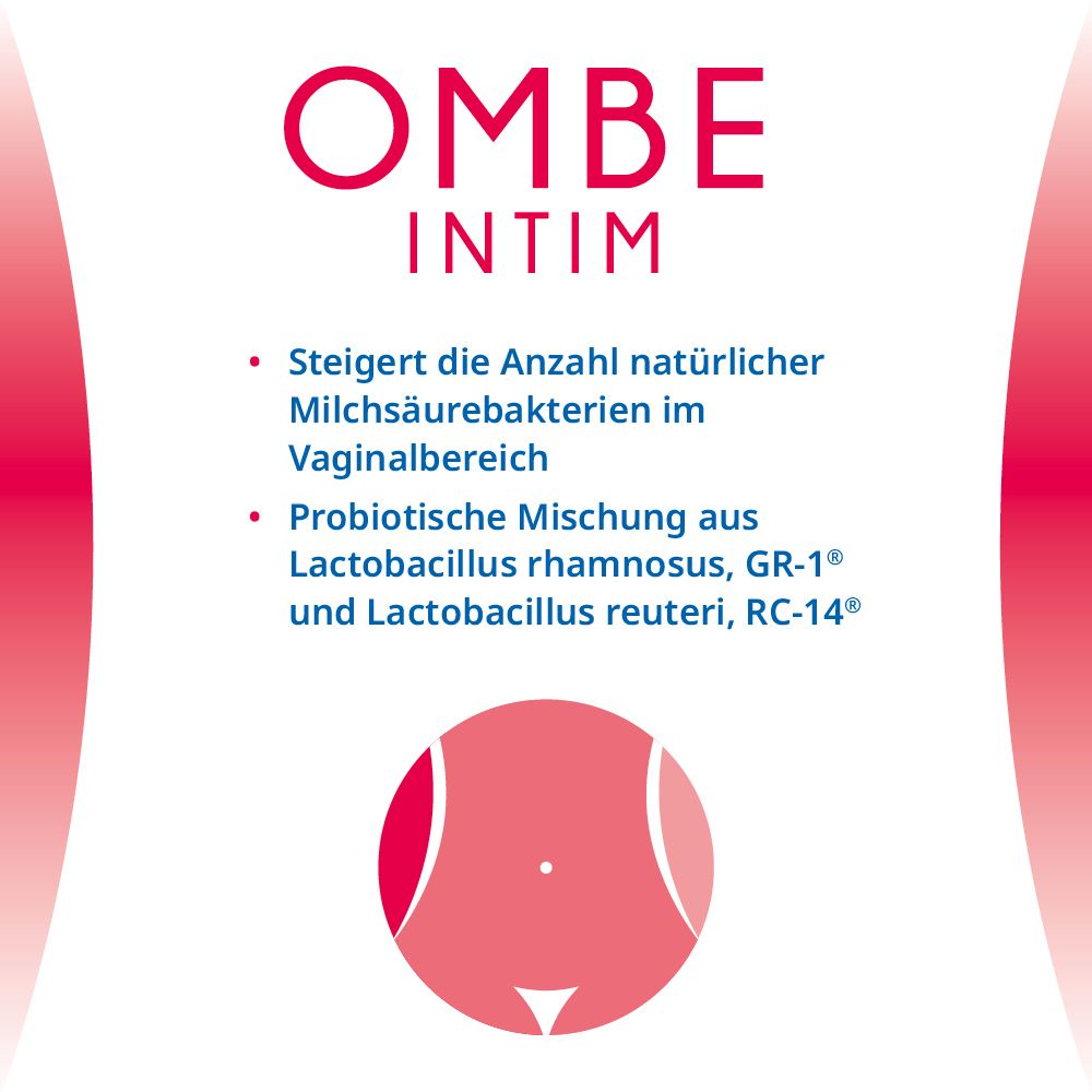 OMBE Intim. Text: Steigert Milchsäurebakterien. Probiotische Mischung.