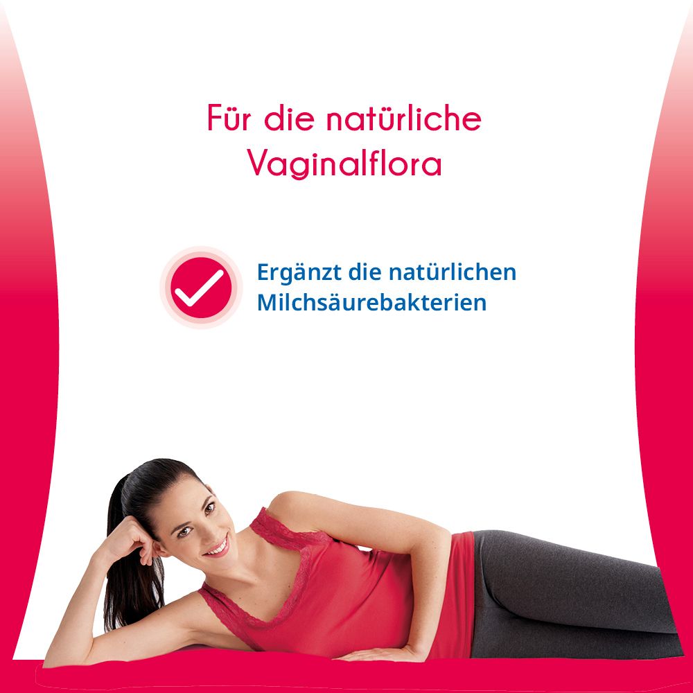 Frau liegt entspannt. Text: Für die natürliche Vaginalflora. Logo.