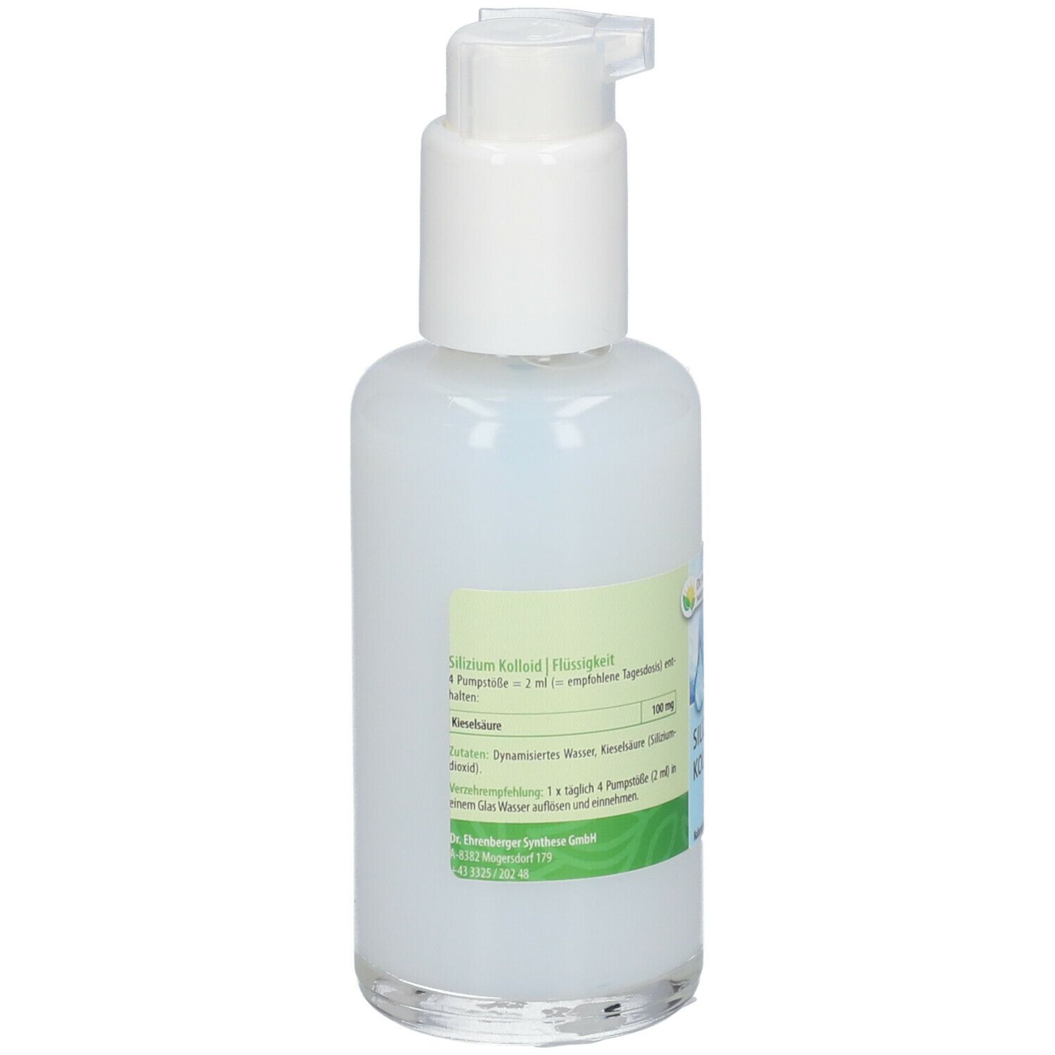 Flüssigkeit in einer weißen Flasche mit Pumpverschluss. Etikett mit Text. 