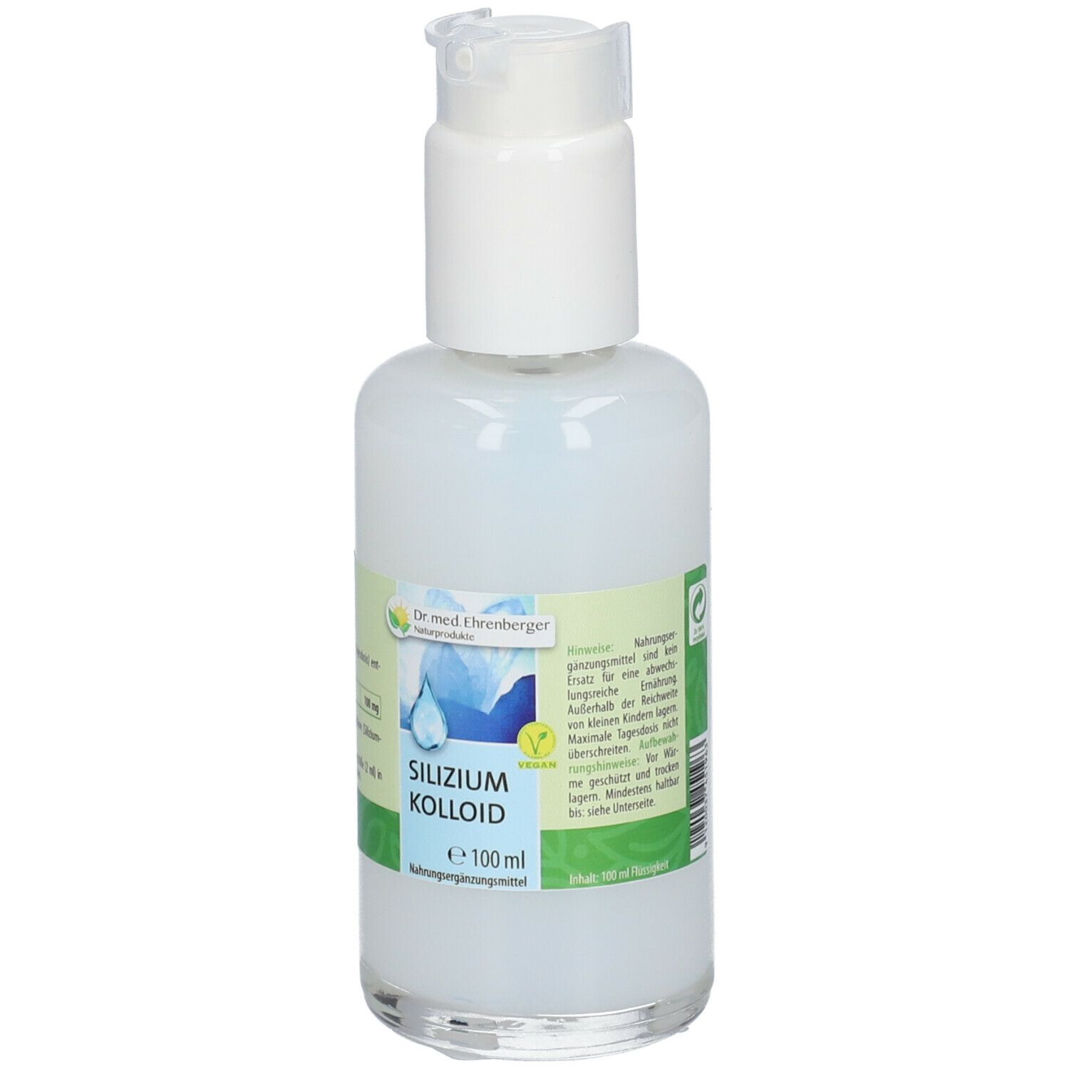 Flasche mit Pumpverschluss und Etikett. Produktname und Logo sichtbar.