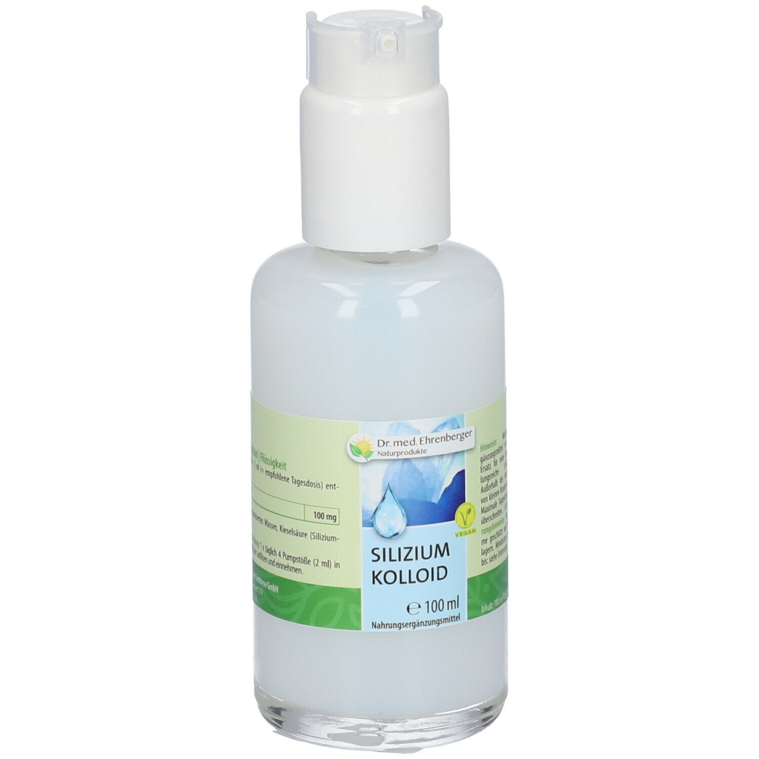Flasche mit Pumpverschluss und Etikett. Produktname und Logo sichtbar.