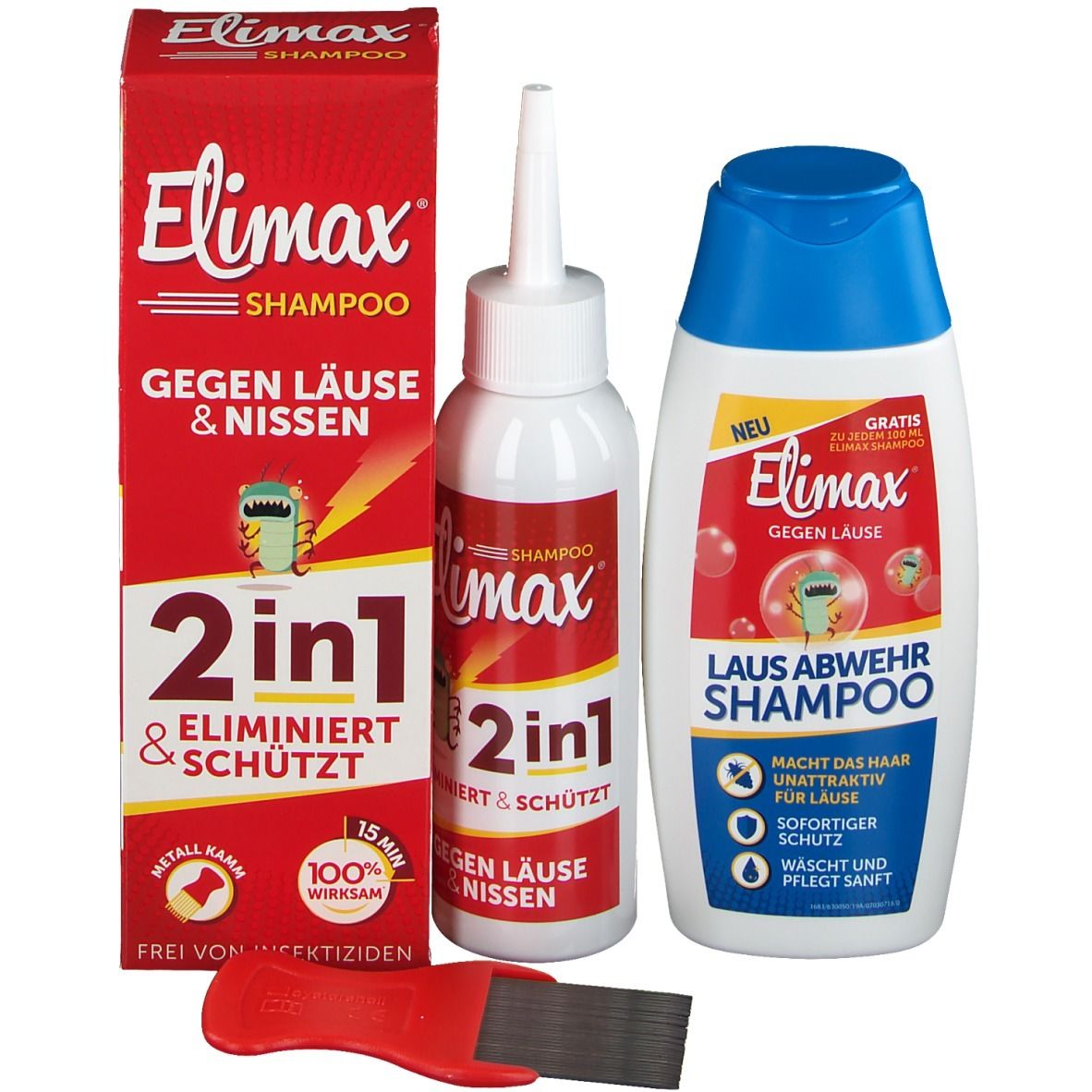 Elimax Shampoo-Set mit Shampoo-Flasche, Applikatorflasche und Kamm. Gegen Läuse und Nissen.