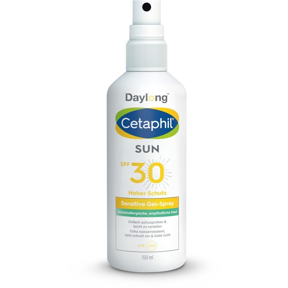 Sonnenschutzspray mit Cetaphil-Logo, SPF 30. Weiße Flasche mit Sprühkopf. Text: Sensitive Gel-Spray.