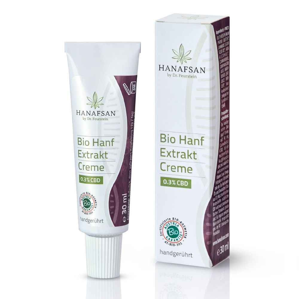 Creme-Tube und Schachtel. Aufschrift: Bio Hanf Extrakt Creme 0,3% CBD. Logo: Hanfsan. Zertifizierung: Bio-Garantie.
