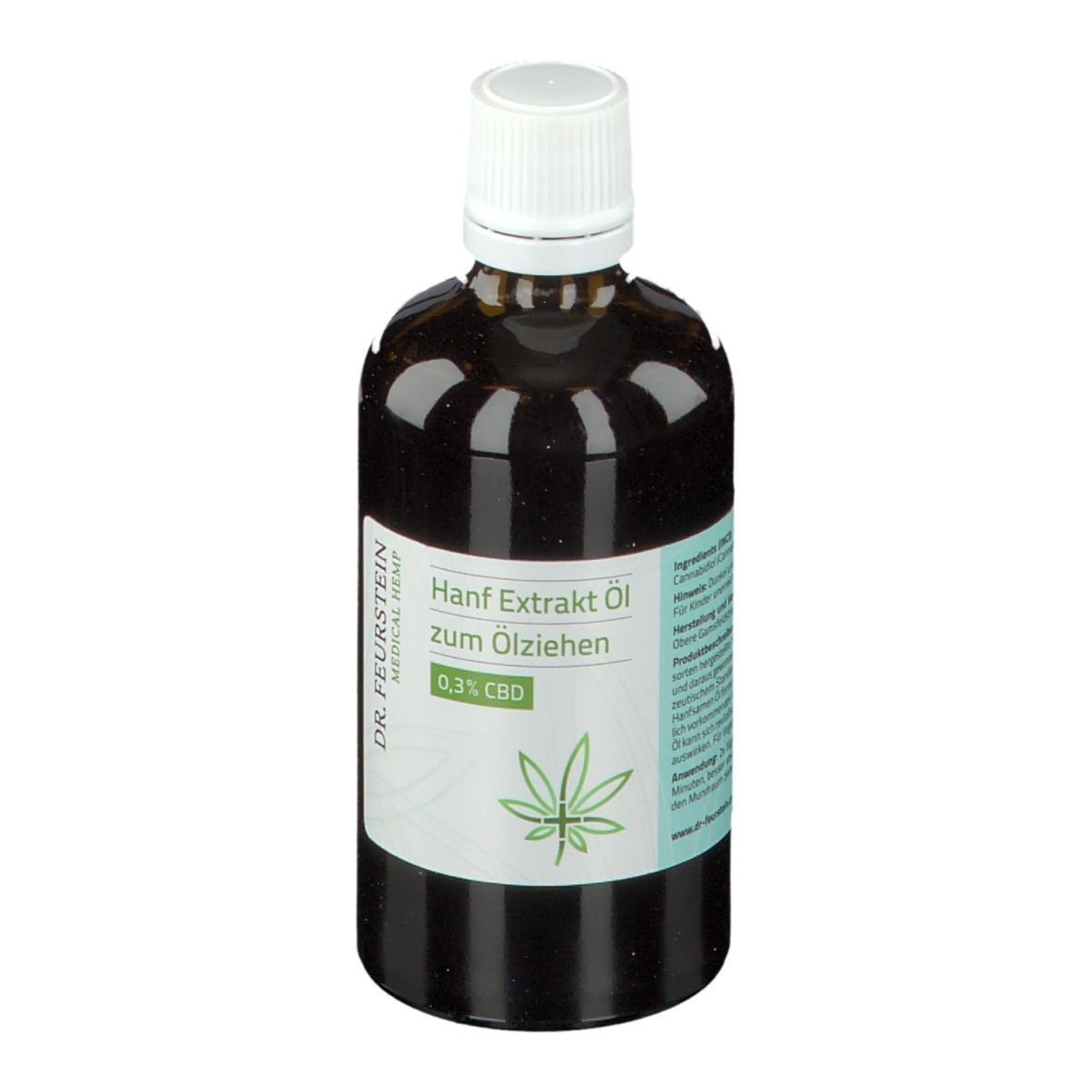 Braune Glasflasche mit weißem Deckel und Etikett. Aufschrift: Hanf Extrakt Öl zum Ölziehen, 0,3% CBD.