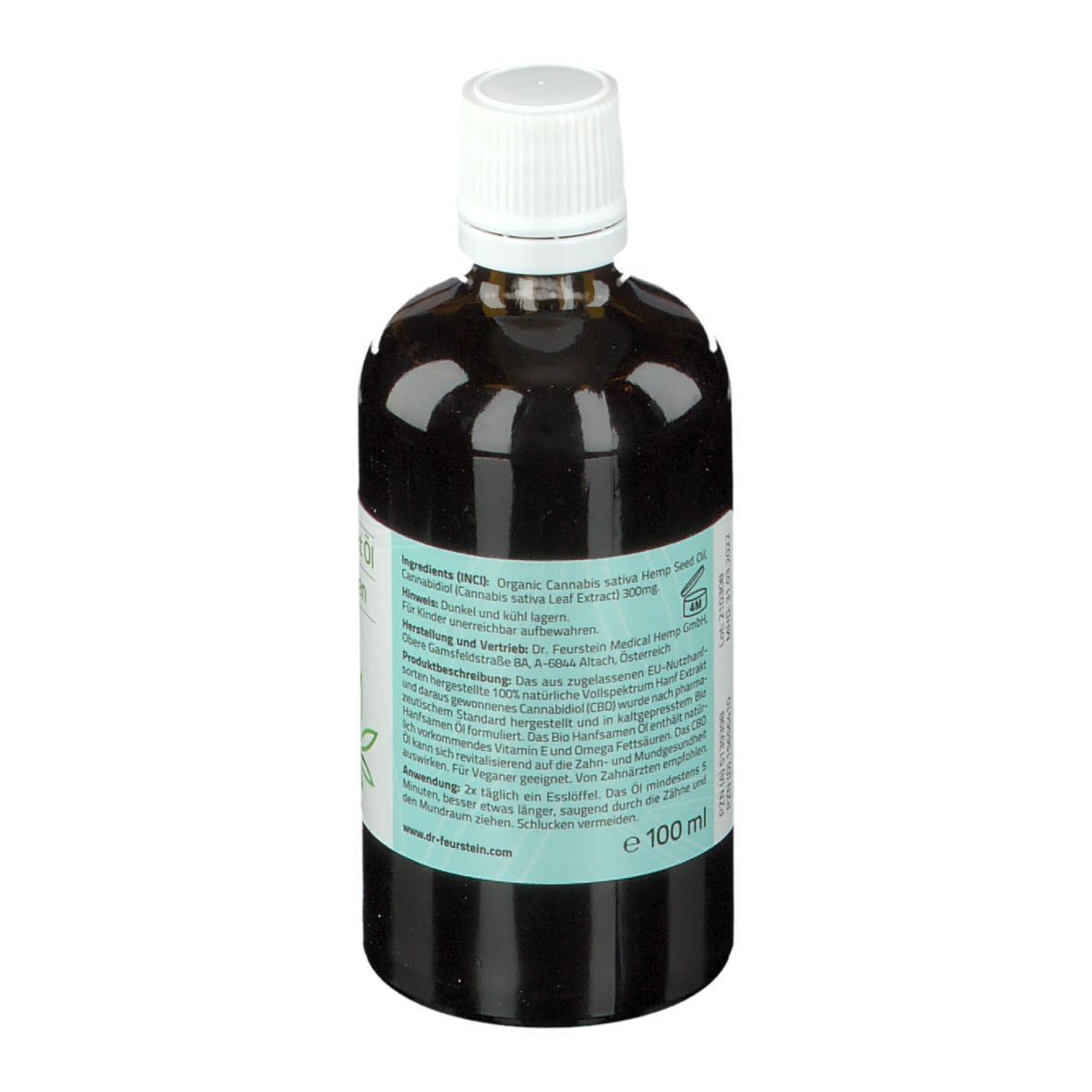 Braune Glasflasche mit weißem Deckel. Rückseite mit Text und Etikett. Aufschrift: Hanf Extrakt Öl zum Ölziehen.