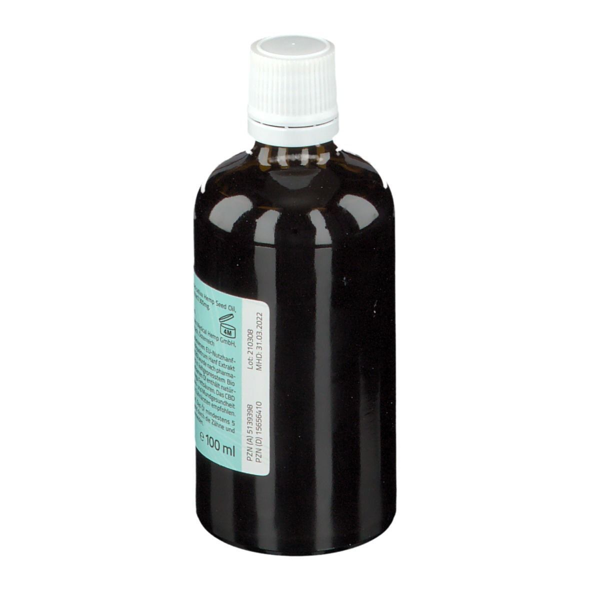 Braune Glasflasche mit weißem Deckel und Etikett. Aufschrift: Hanf Extrakt Öl zum Ölziehen, 0,3% CBD.