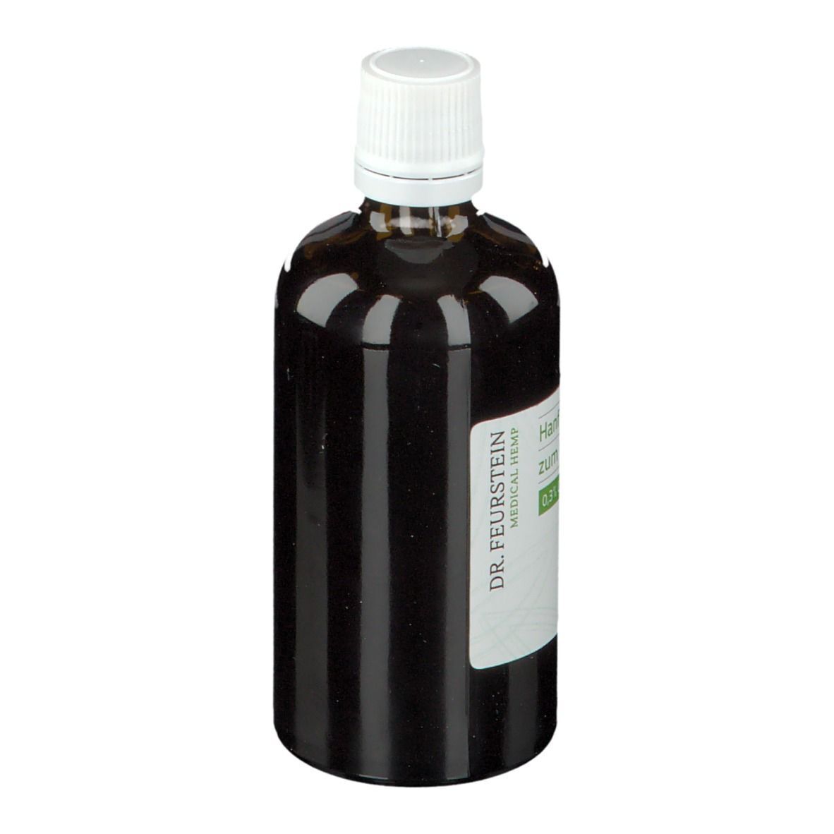 Braune Glasflasche mit weißem Deckel und Etikett. Aufschrift: Hanf Extrakt Öl zum Ölziehen, 0,3% CBD.