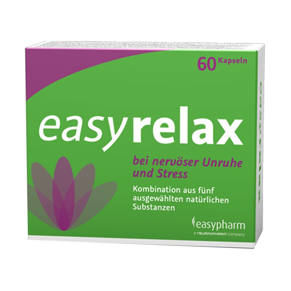 Schachtel mit "easyrelax" Kapseln. Grün-weißes Design mit lila Akzenten. 60 Kapseln. Text: "bei nervöser Unruhe und Stress".