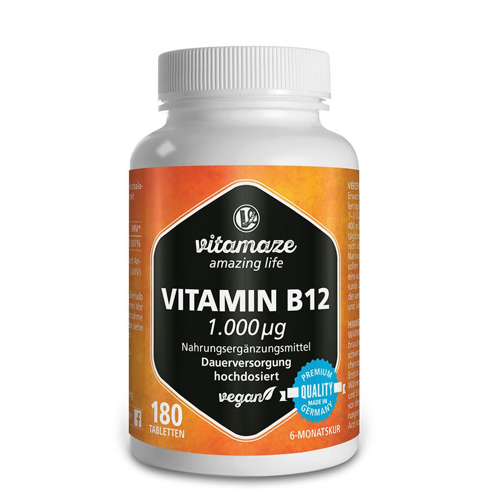 Flacon blanc de vitamine B12. Étiquette noire avec informations produit. Vegan, 180 comprimés, 1.000 µg.