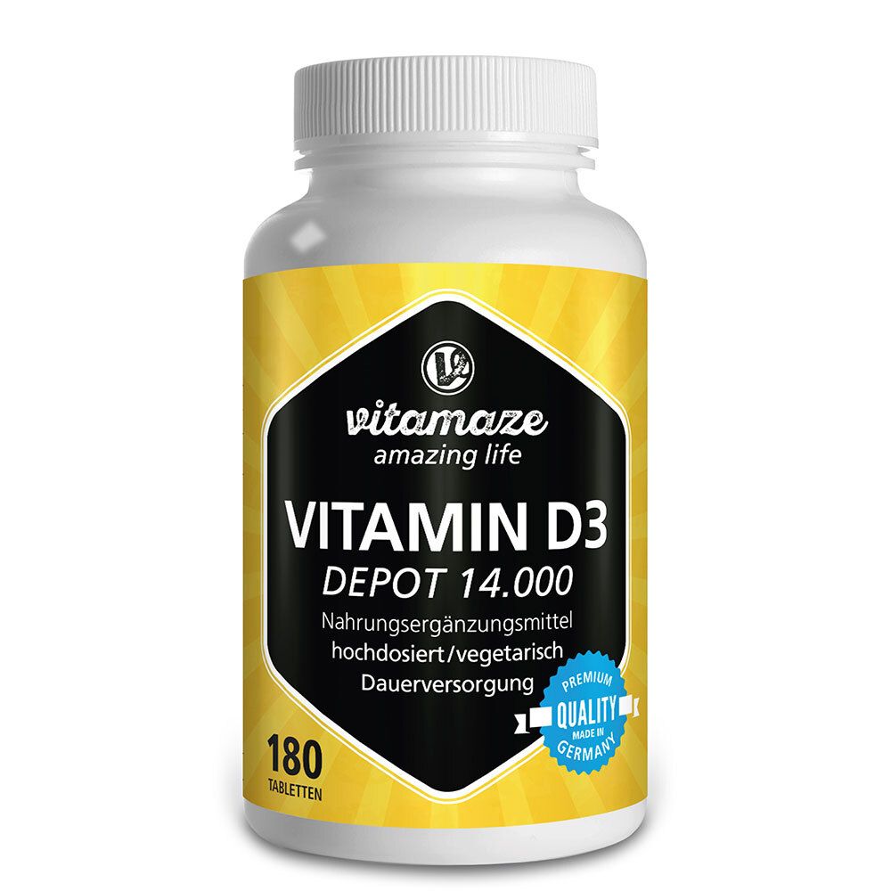 Weißes Tabletten-Glas mit gelbem Etikett. Aufschrift: Vitamin D3 Depot 14.000, 180 Tabletten. Mit Qualitätssiegel.