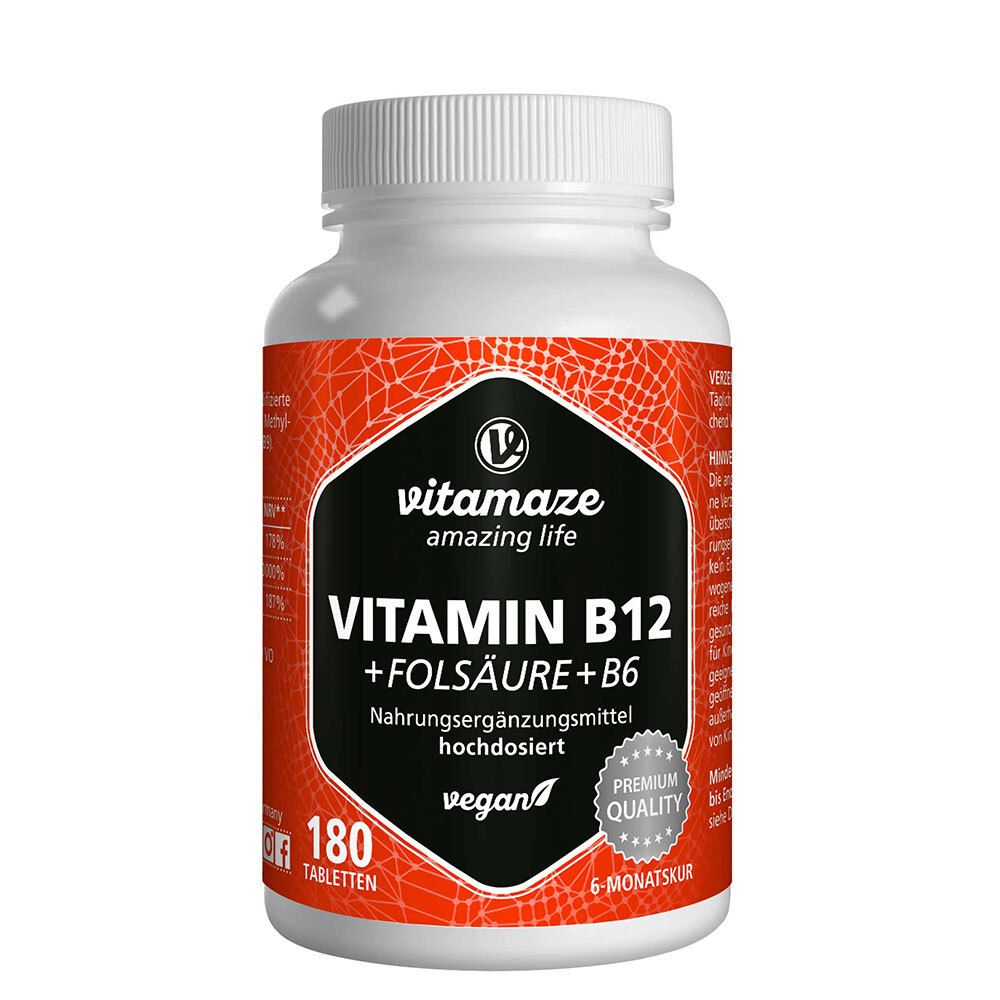 Flacon blanc avec étiquette rouge. Logo noir avec texte: Vitamine B12 + Acide folique + B6. 180 comprimés, vegan.