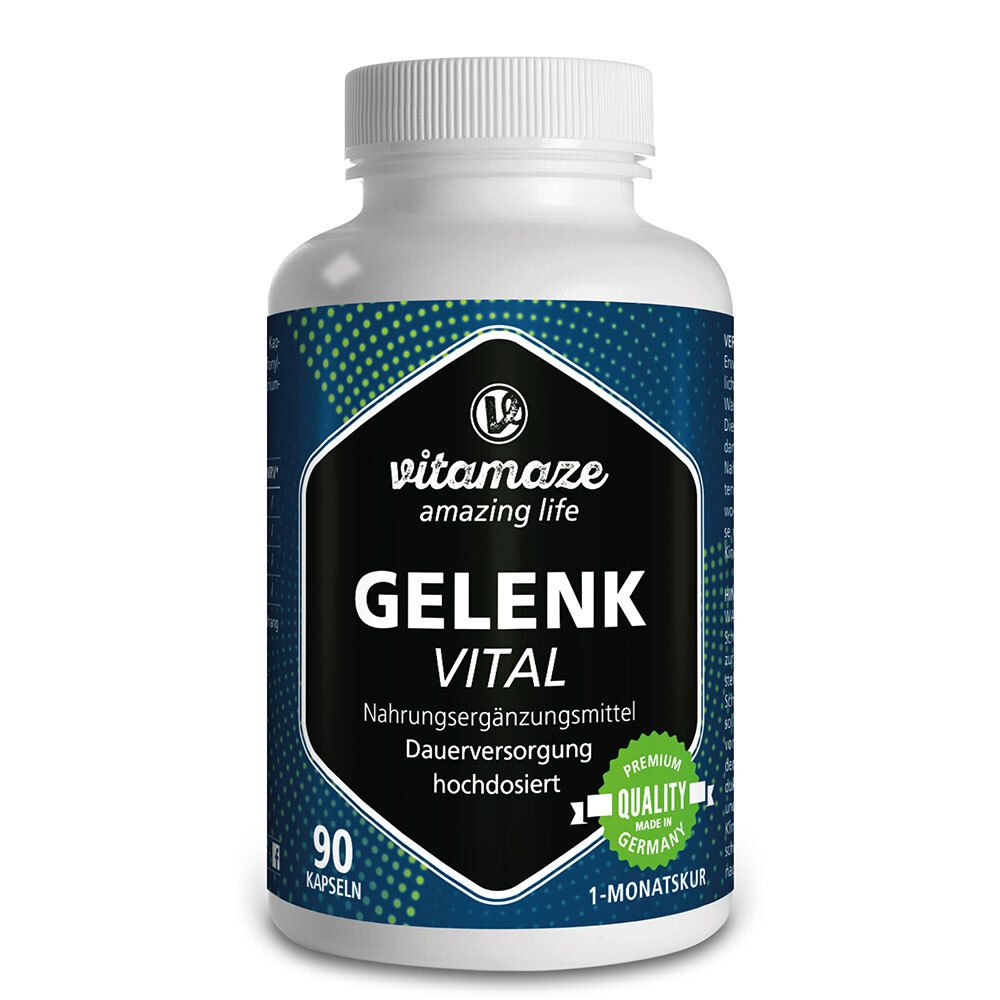 Weiße Flasche mit Kapseln. Auf dem Etikett: GELENK VITAL, 90 Kapseln, vitamaze. Premium Quality.