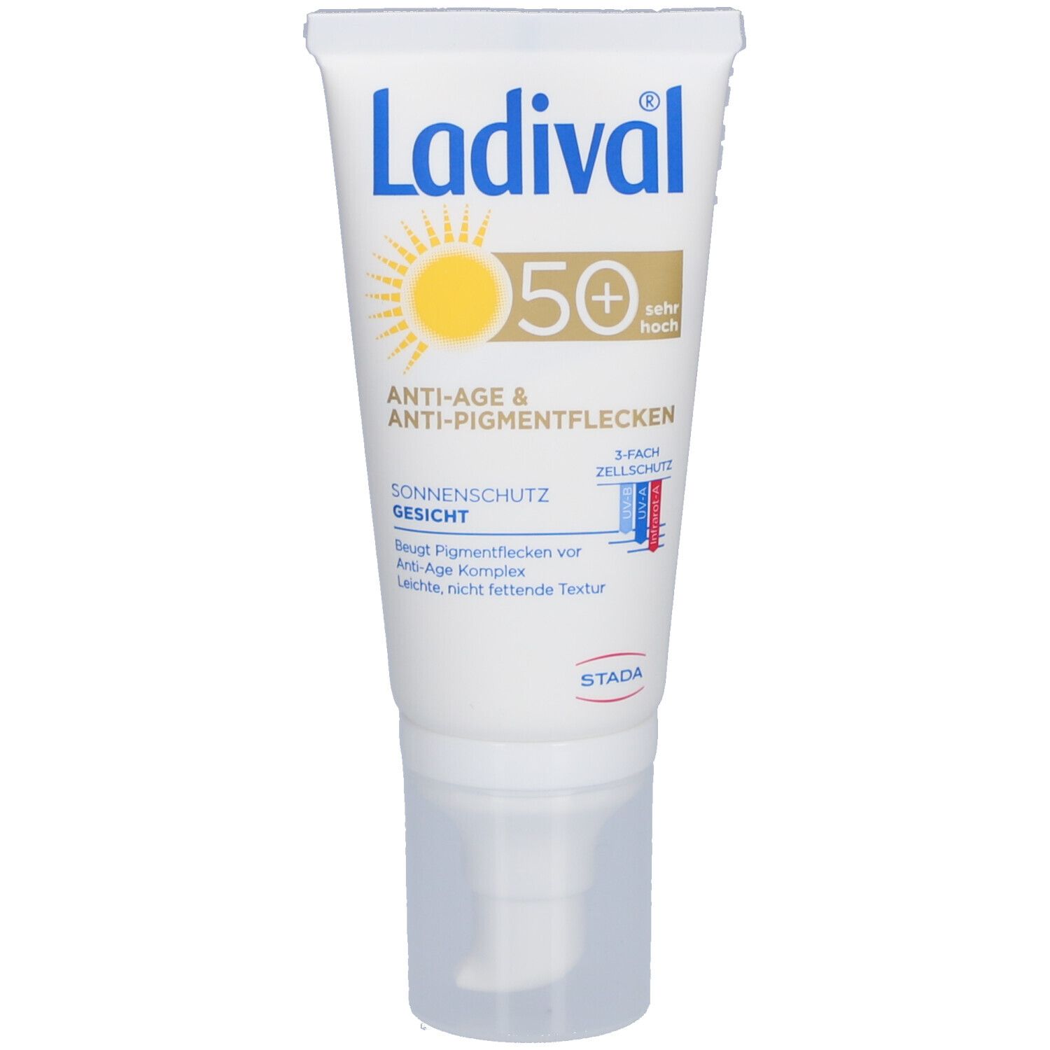 Ladival Sonnenschutz Gesicht LSF 50+ Tube. Weiß, mit blauer und gelber Schrift. Produktinformationen und Logo.
