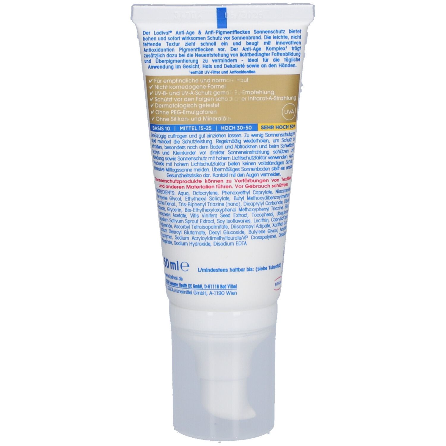 Rückseite der Ladival Sonnenschutz Gesicht LSF 50+ Tube. Text mit Inhaltsstoffen und Anwendungshinweisen.